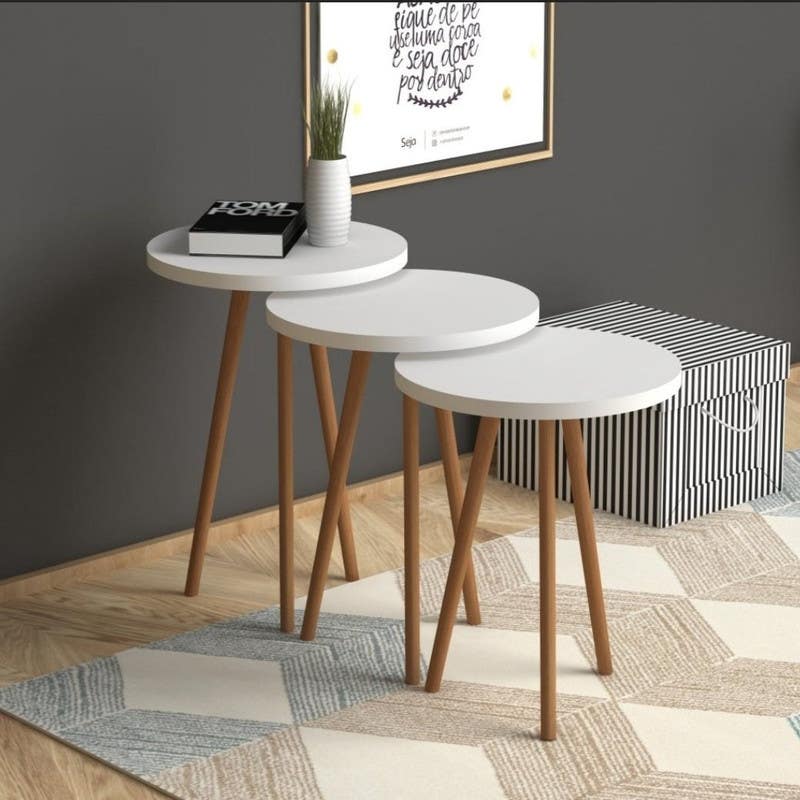 Beech & Counter Wood Side Table Set, 3 Pieces - White