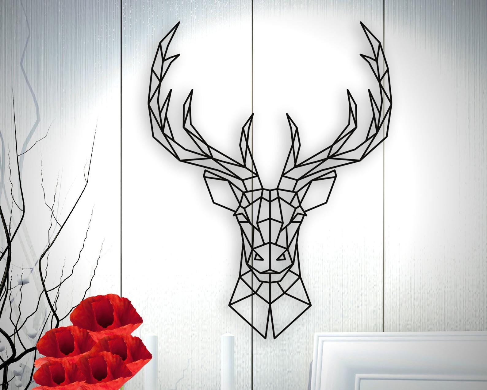 MDF Geometric Deer Head Wall Hanging Art, 120X80X0.5 Cm - Black