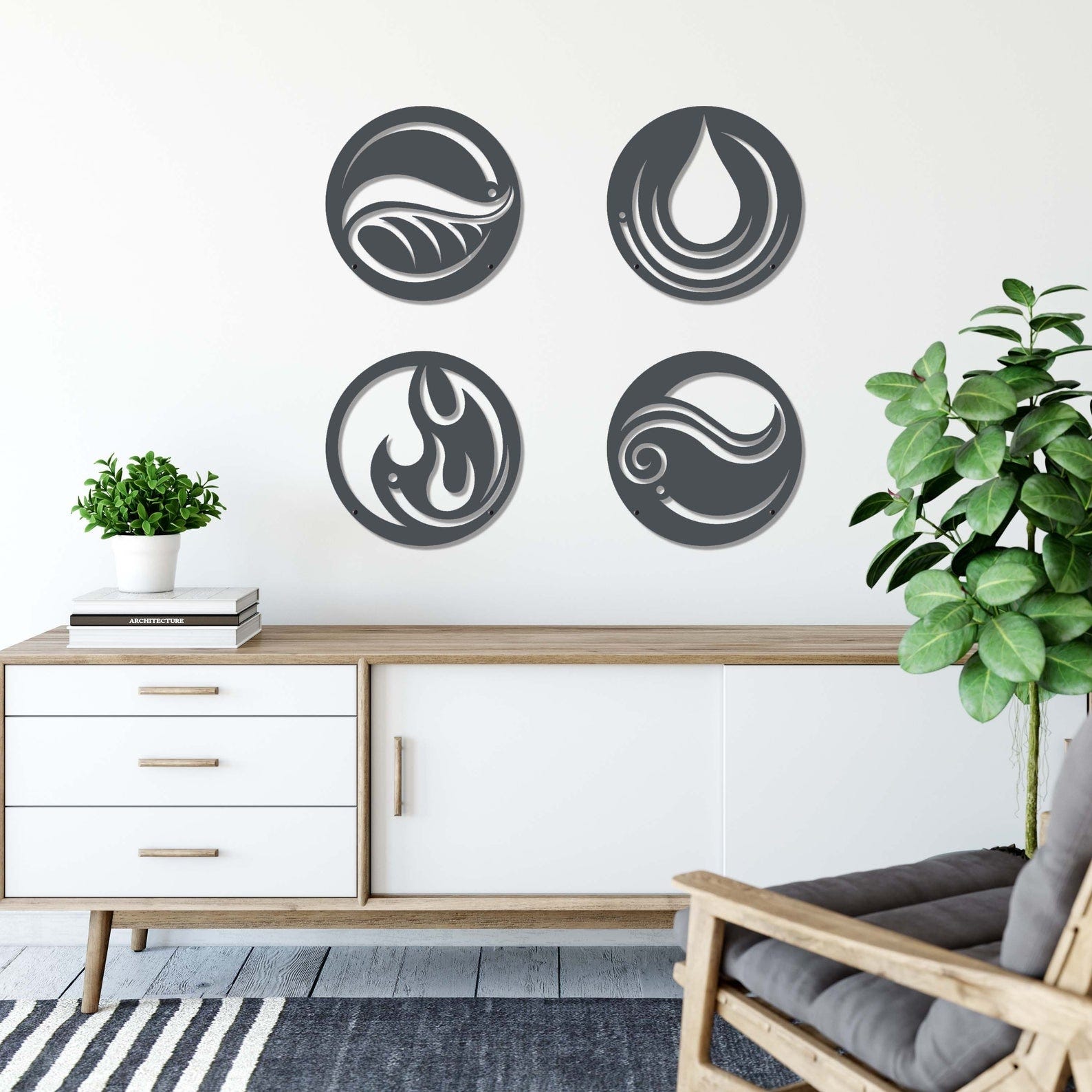 MDF Elements Wall Hanging Art Set, 4 Pieces, 100X100X0.5 Cm - Black