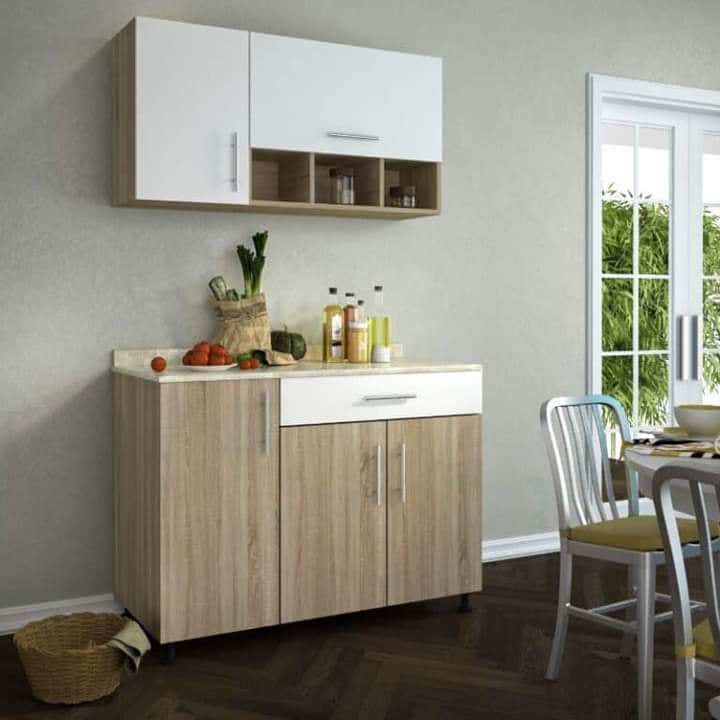 Counter Wood Kitchen Cabinet, 2-Piece With Marble - White Wooden