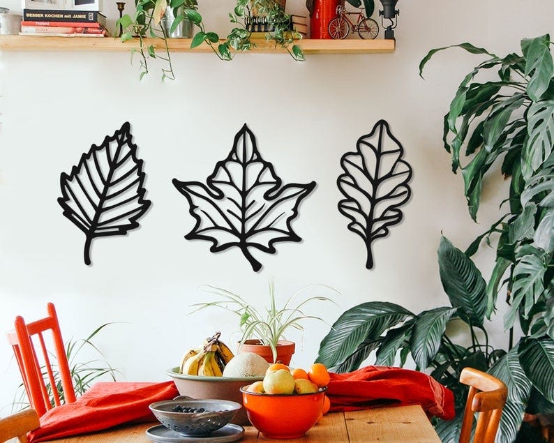 MDF Floral Leaves Wall Hanging Decor Set, 3 Pieces, 80X80X0.5 Cm - Black