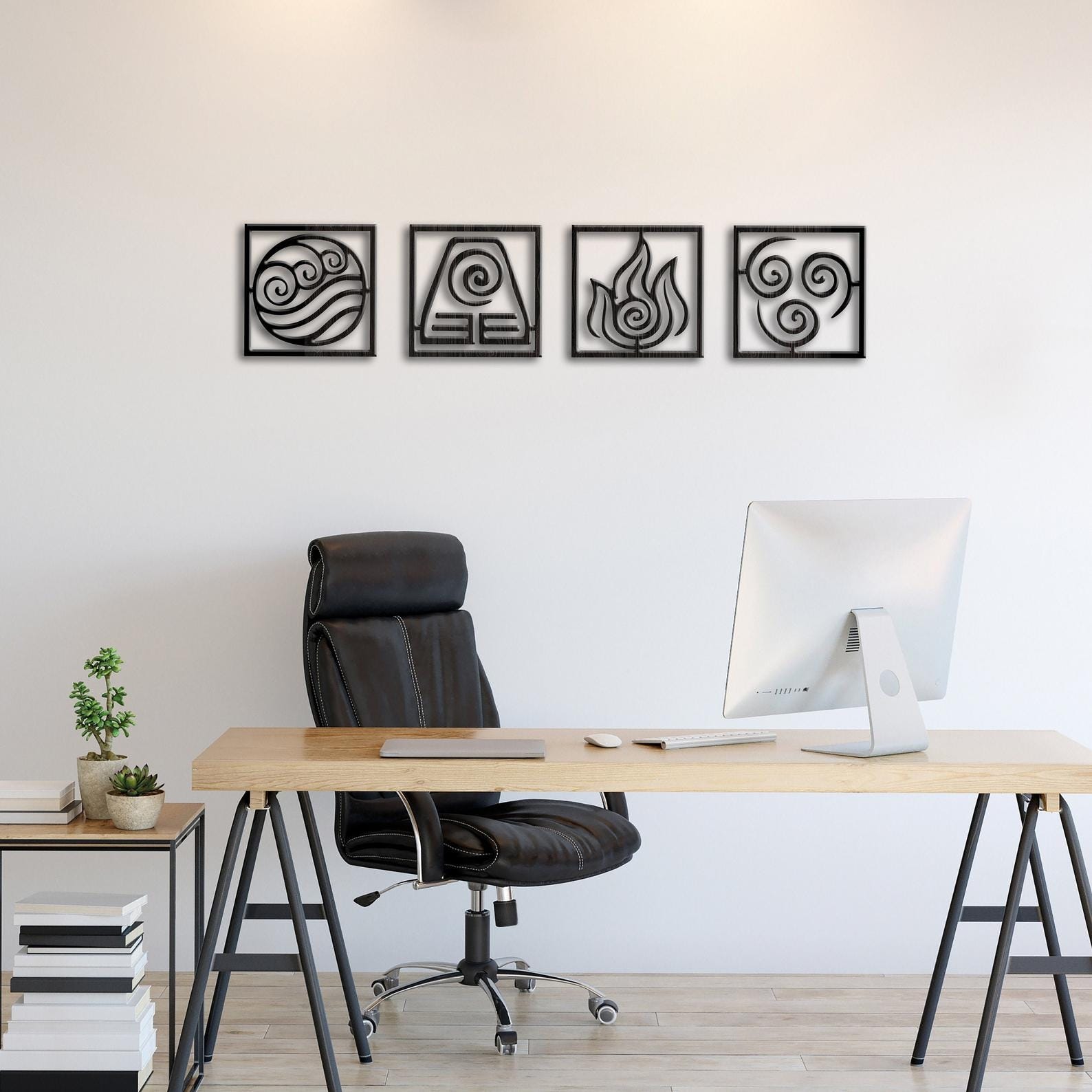 MDF Elements Wall Hanging Art Set, 4 Pieces, 100X100X0.5 Cm - Black