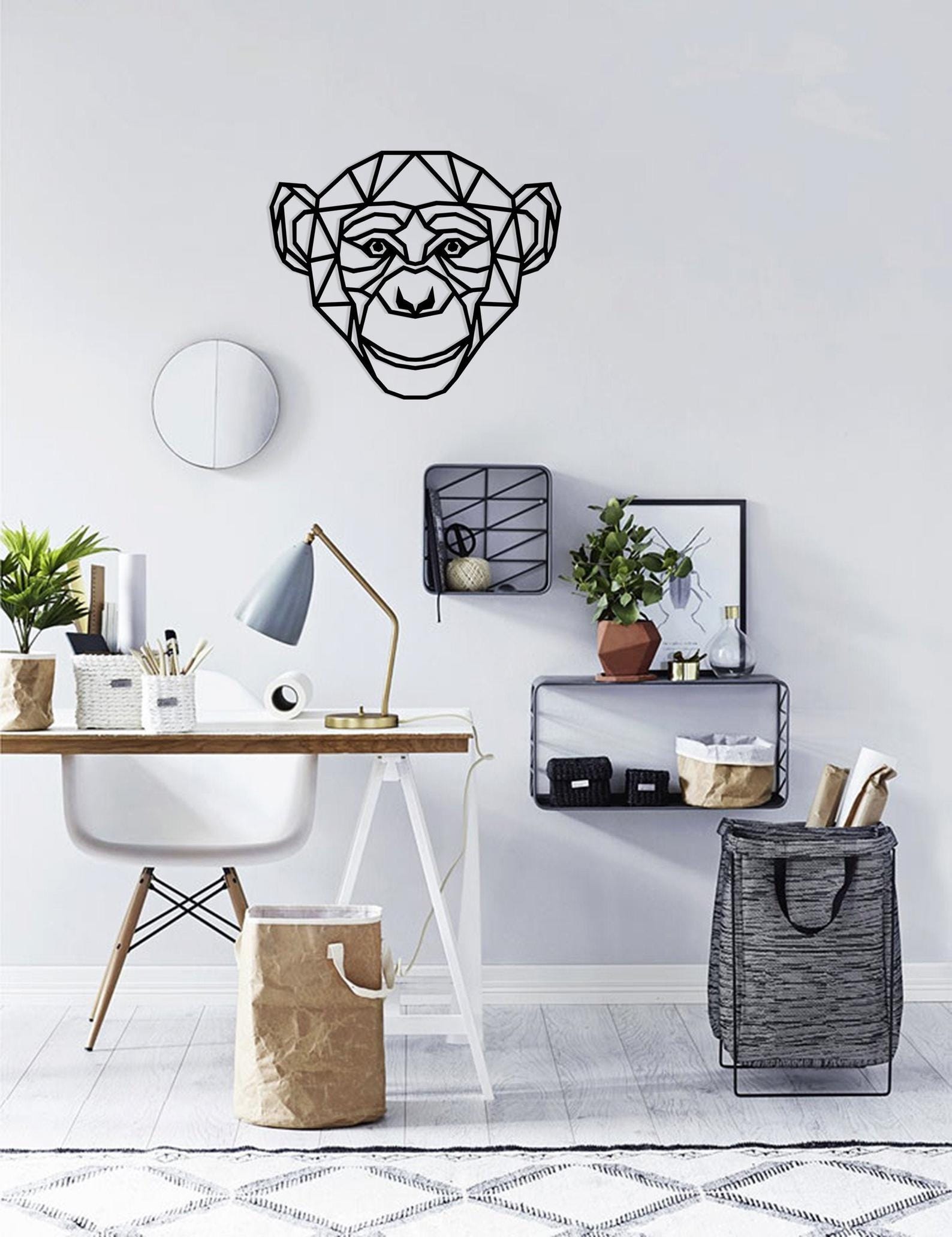 MDF Geometric Monkey Head Wall Hanging Decor, 100X87X0.5 Cm - Black