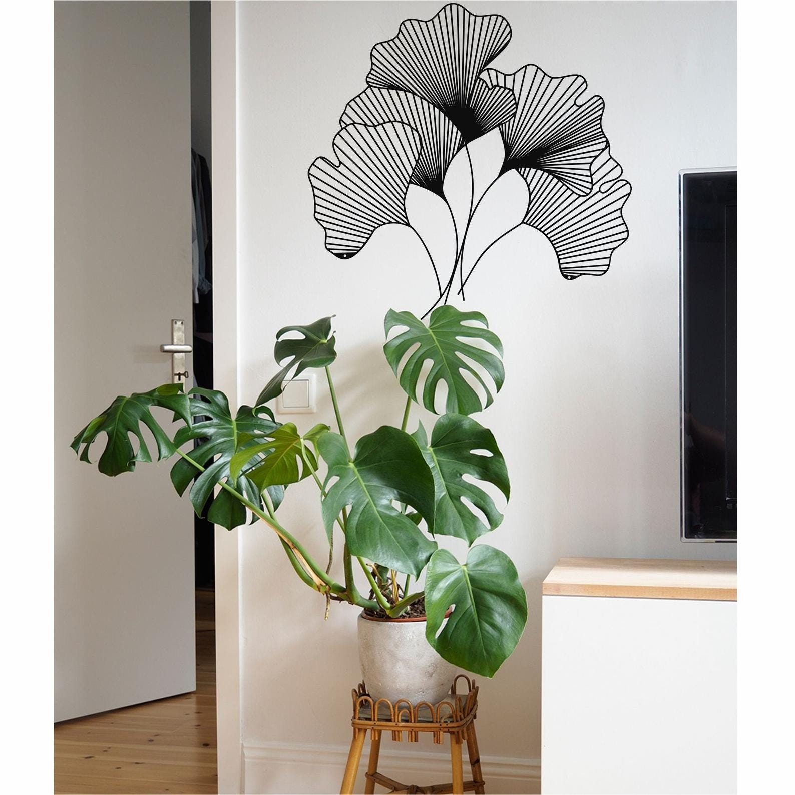 MDF Ginkgo Flower Wall Hanging Decor, 90X92X0.5 Cm - Black