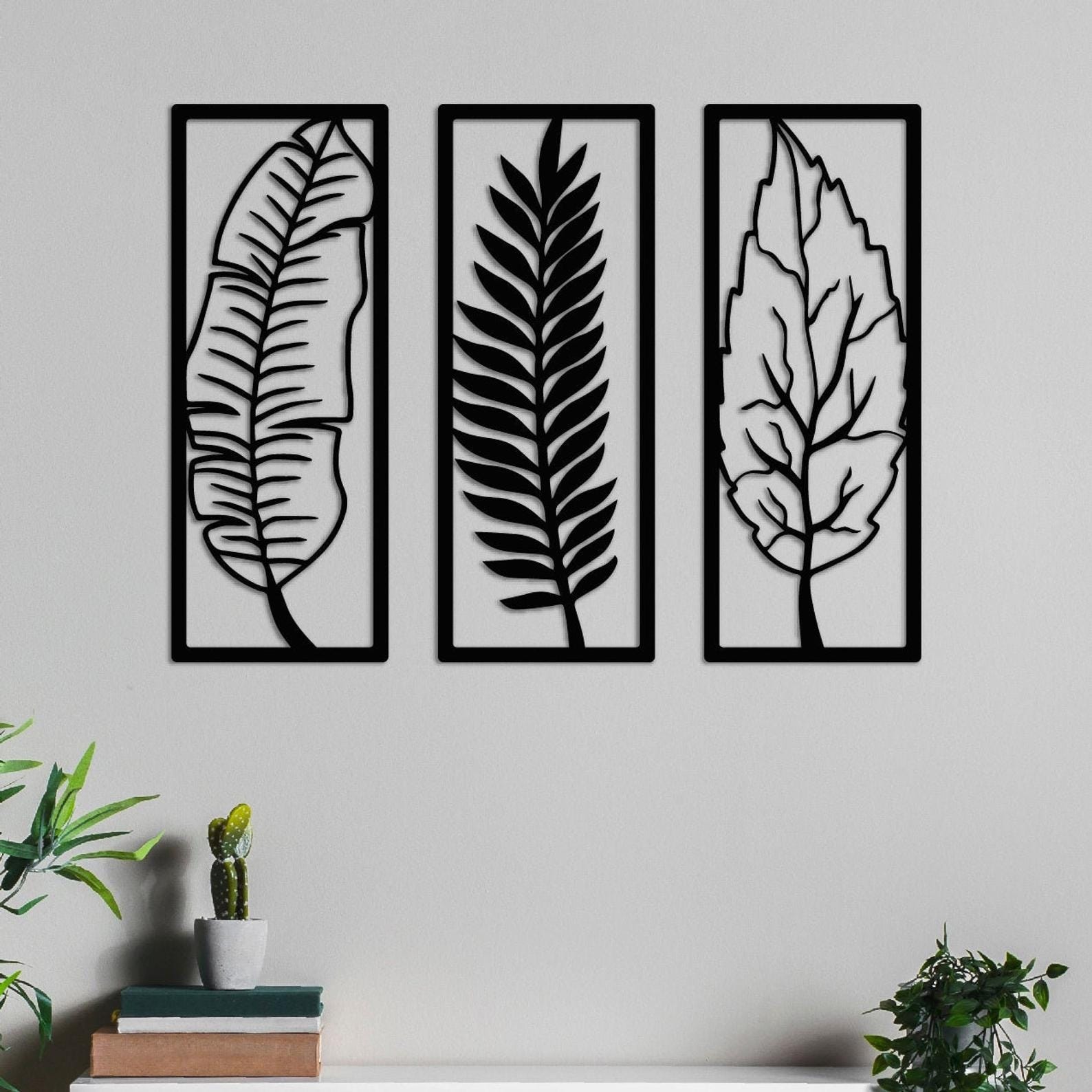 MDF Tropical Leaves Wall Hanging Art Set, 3 Pieces, 120X45X0.5 Cm - Black