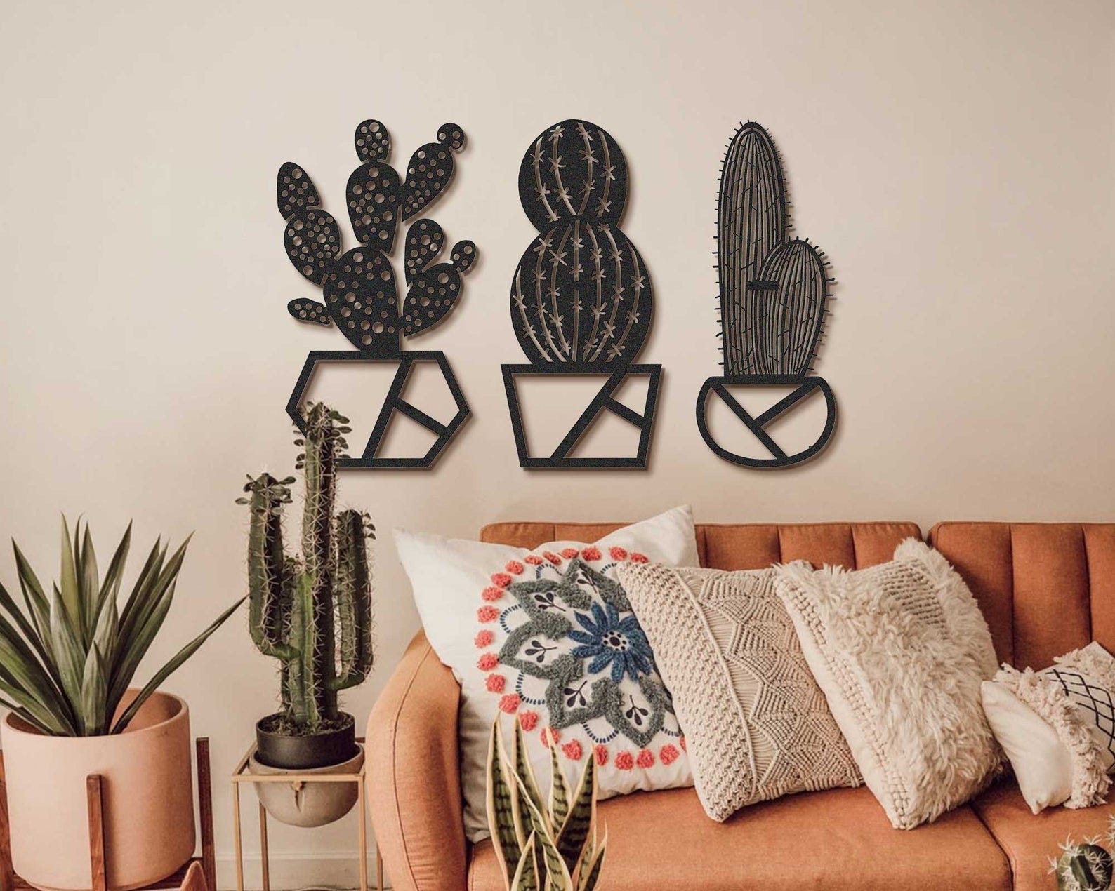 MDF Cactus Wall Hanging Art Set, 3 Pieces, 130X72X0.5 Cm - Black