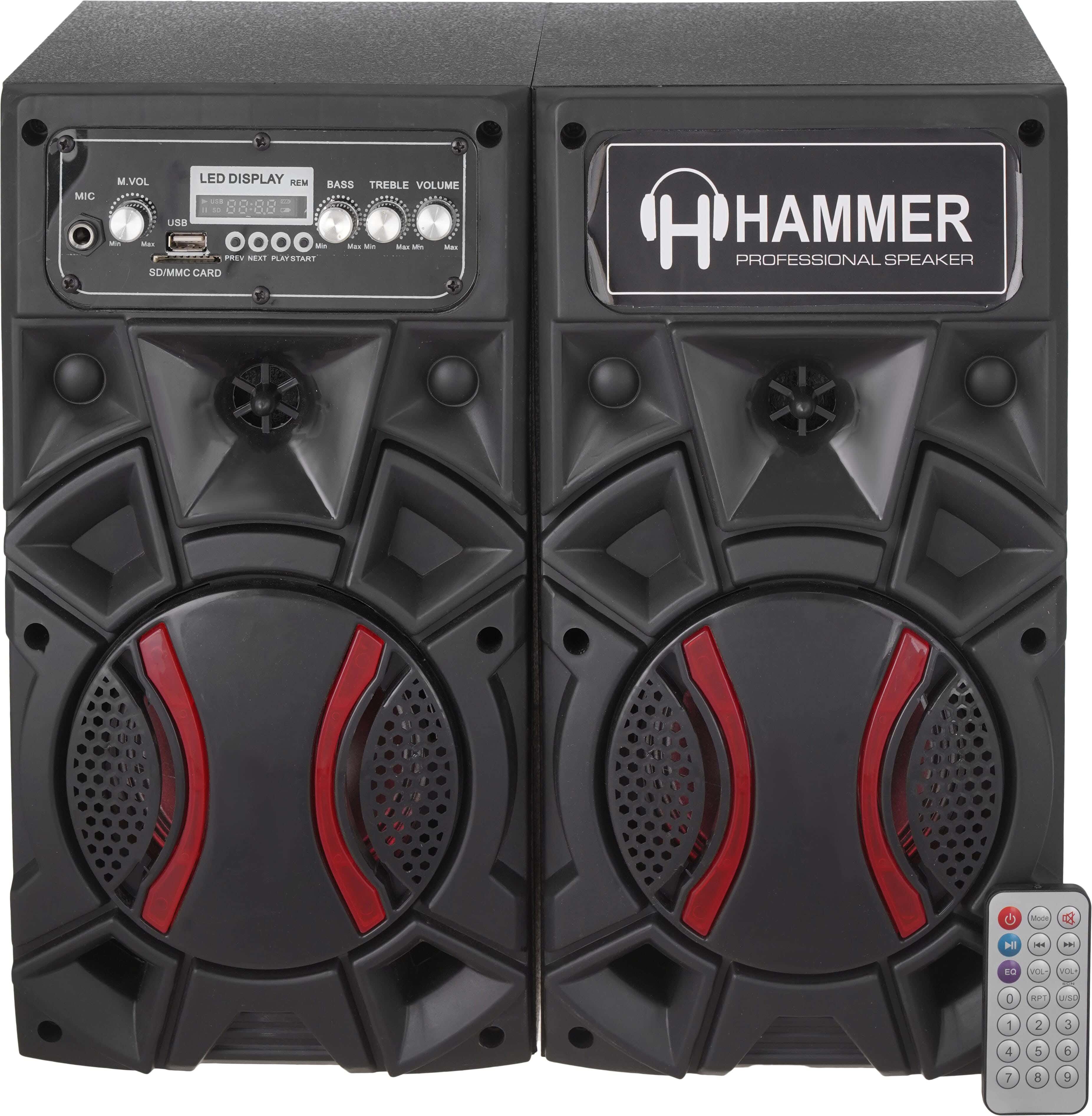 HAMMER H-6800 Subwoofer Speaker Set, 2 Pieces, 6-Inch, Bluetooth, 21×18×38 cm - Black Red
