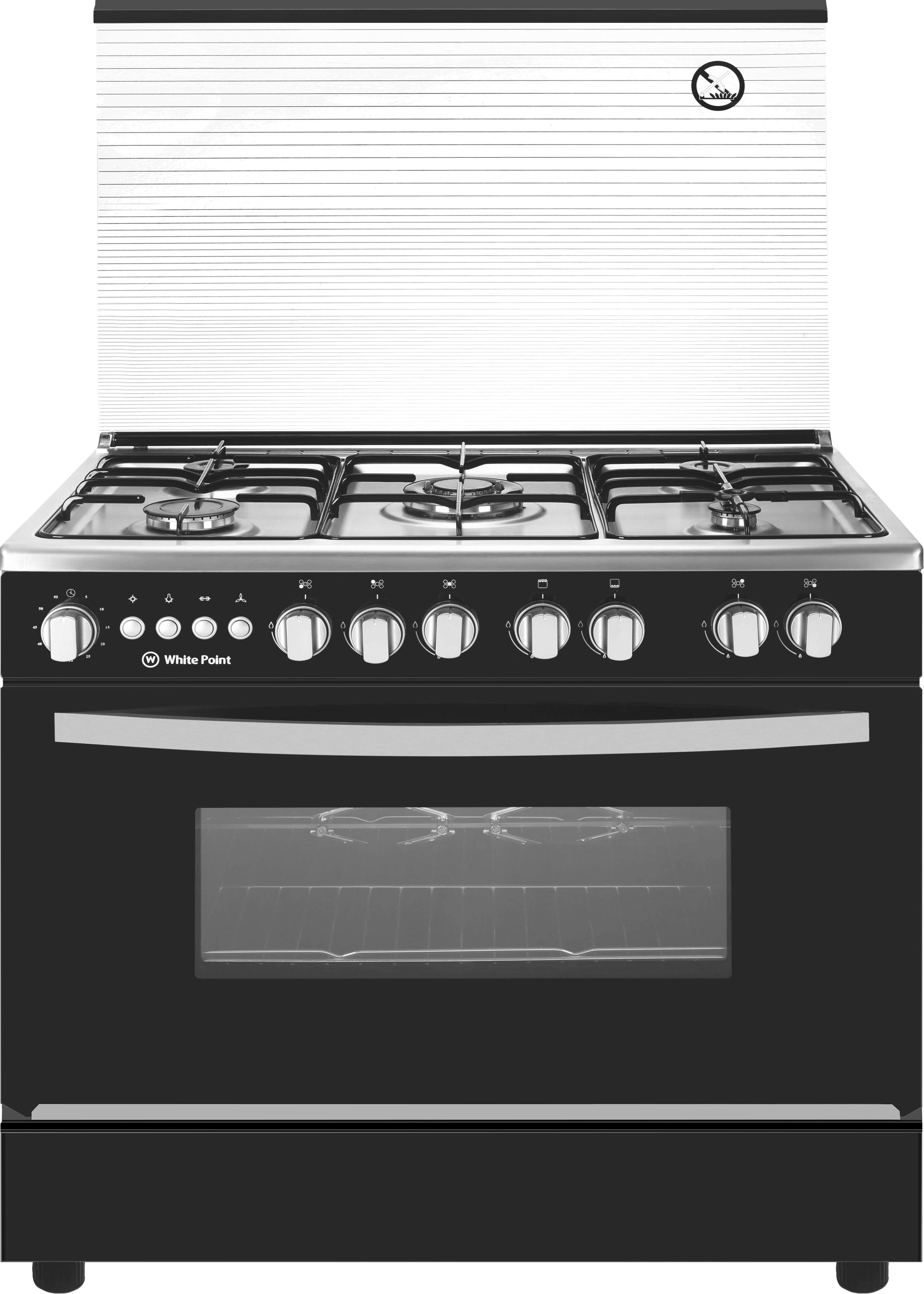 White Point WPGC9060BXTHSA Gas Cooker, 5 Burners, 60×90 cm, Stainless Steel Surface, Semi Safety, Fan - Black Silver