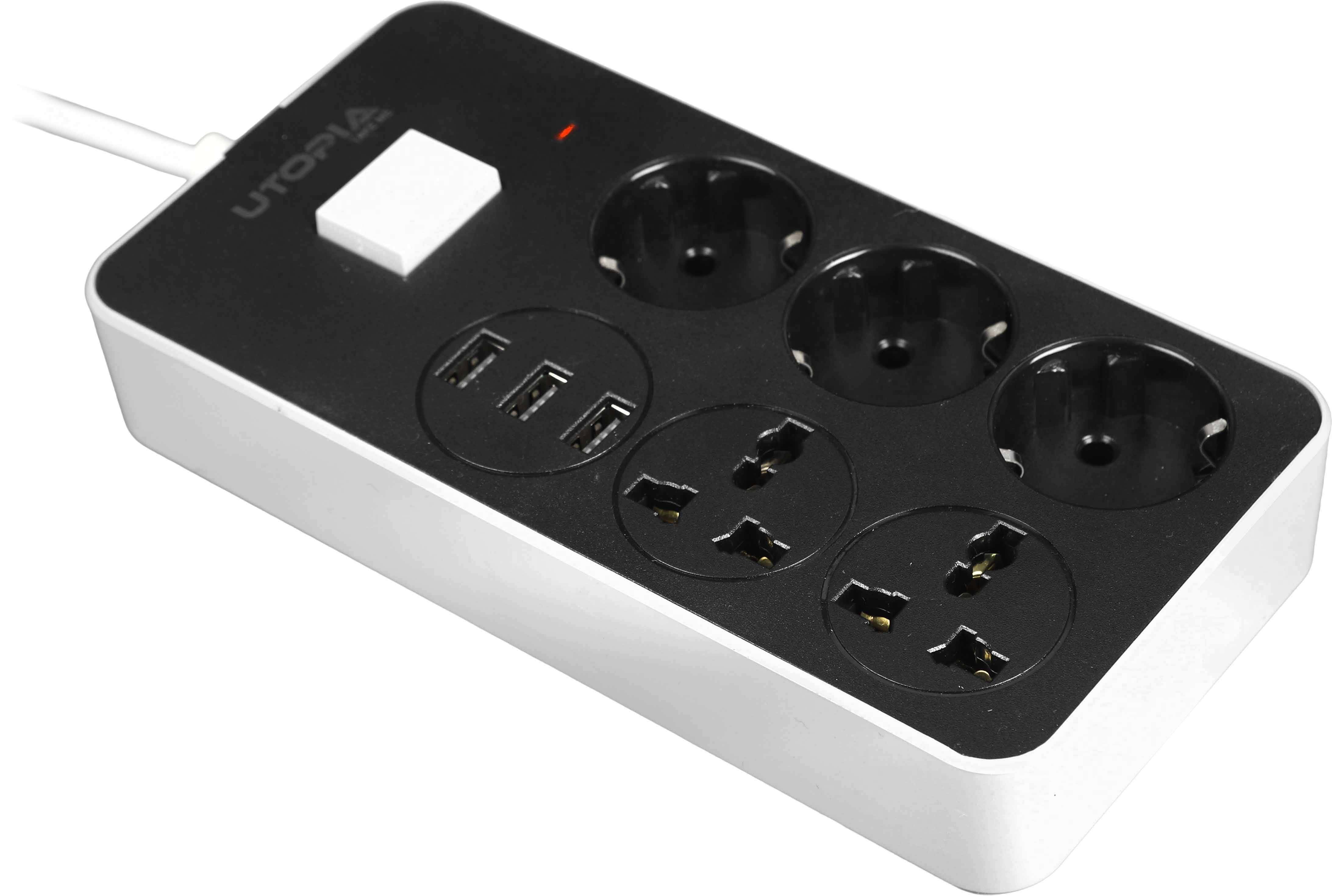 Utopia U-160 Wired Connector, 5 AC outlets, 3 USB ports, 2-meter cord, 2500 Watt - Grey Black