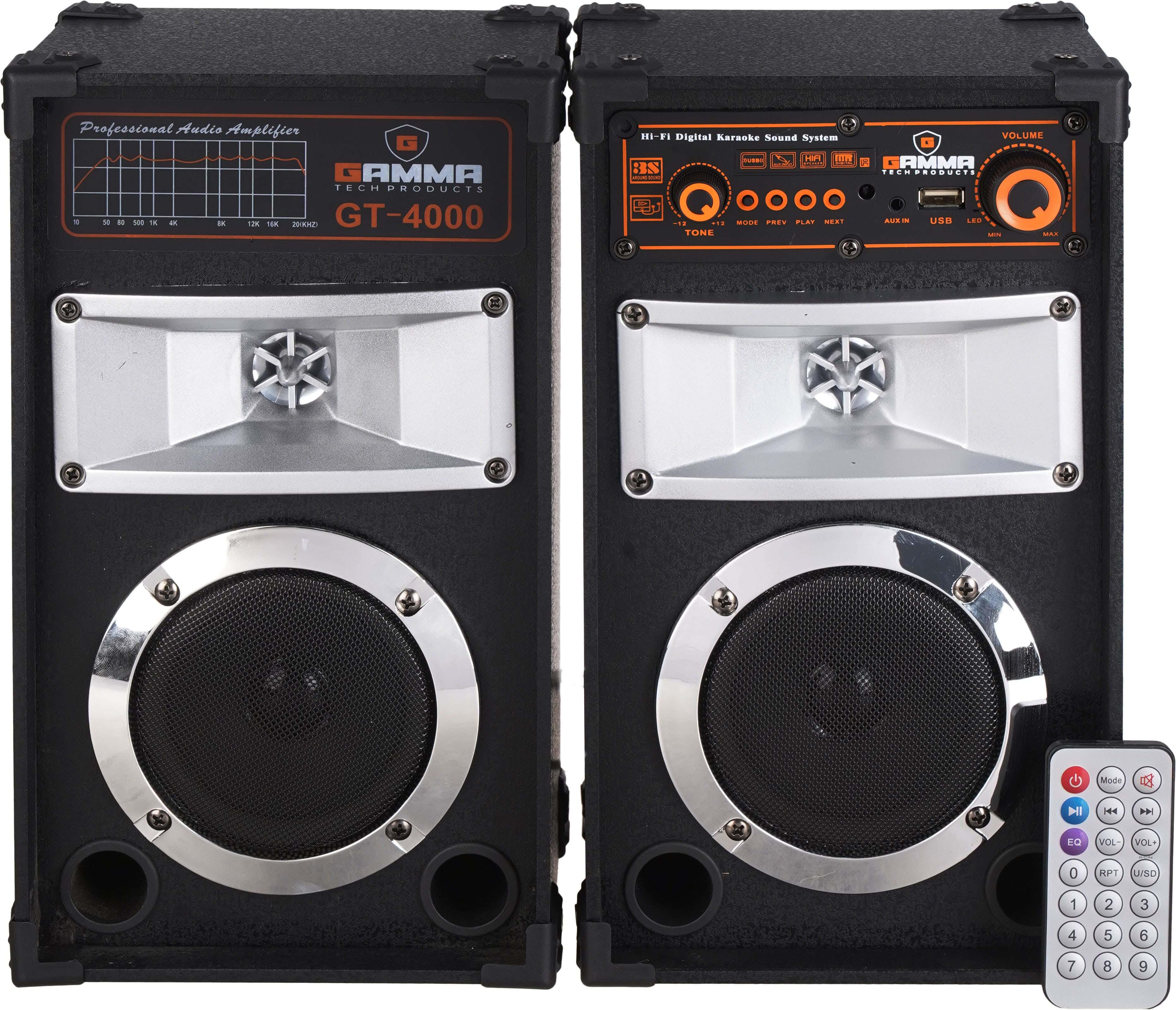 Gamma GT-4000 Subwoofer Speaker Set, 2 Pieces, 30×14×17 cm, 5×2 watt, Remote Control, Bluetooth - Black Silver