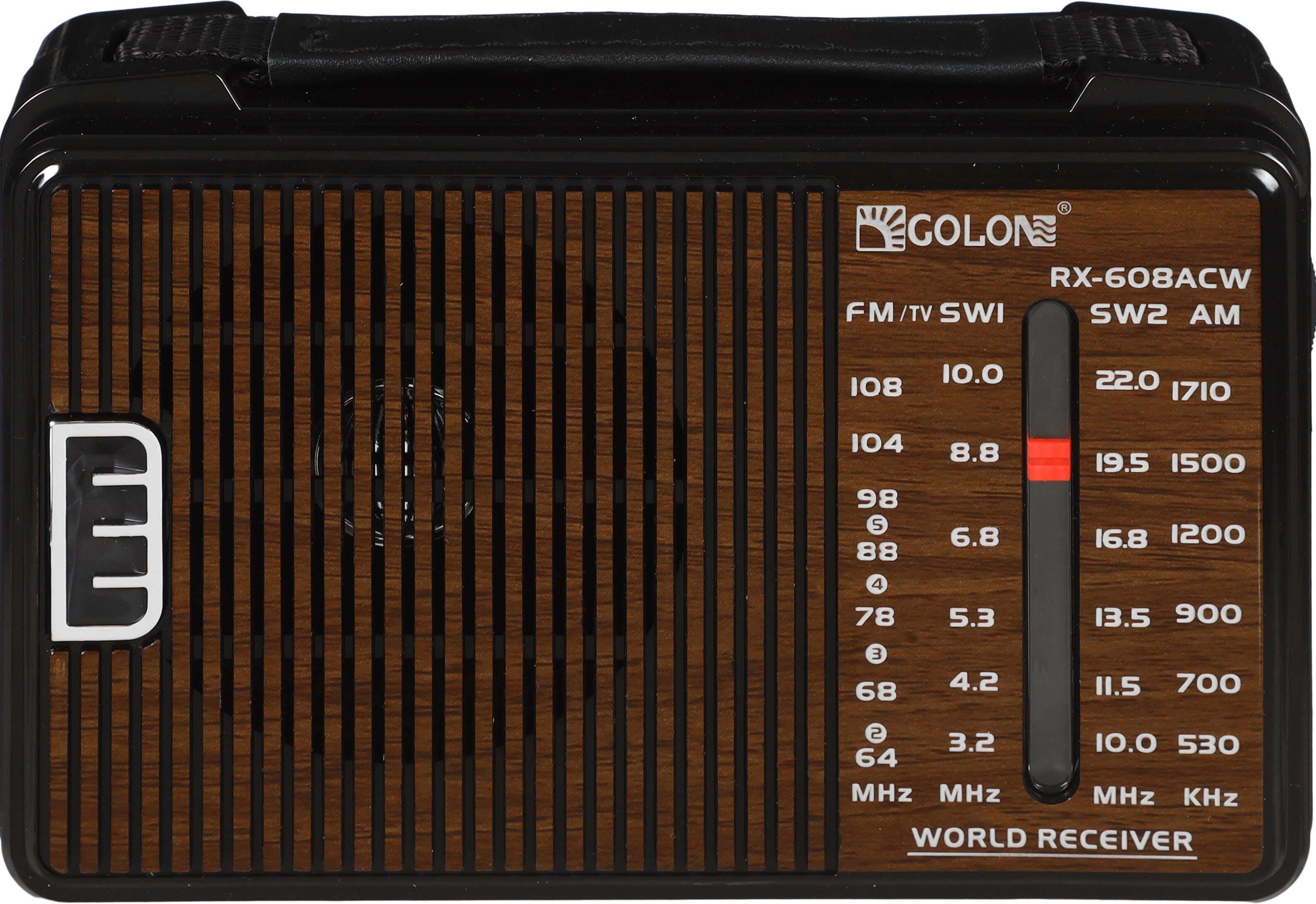 Golon RX-608AC Portable Radio, 3 Band, Powerful 360° Antenna, AC/Battery Powered - Black Brown