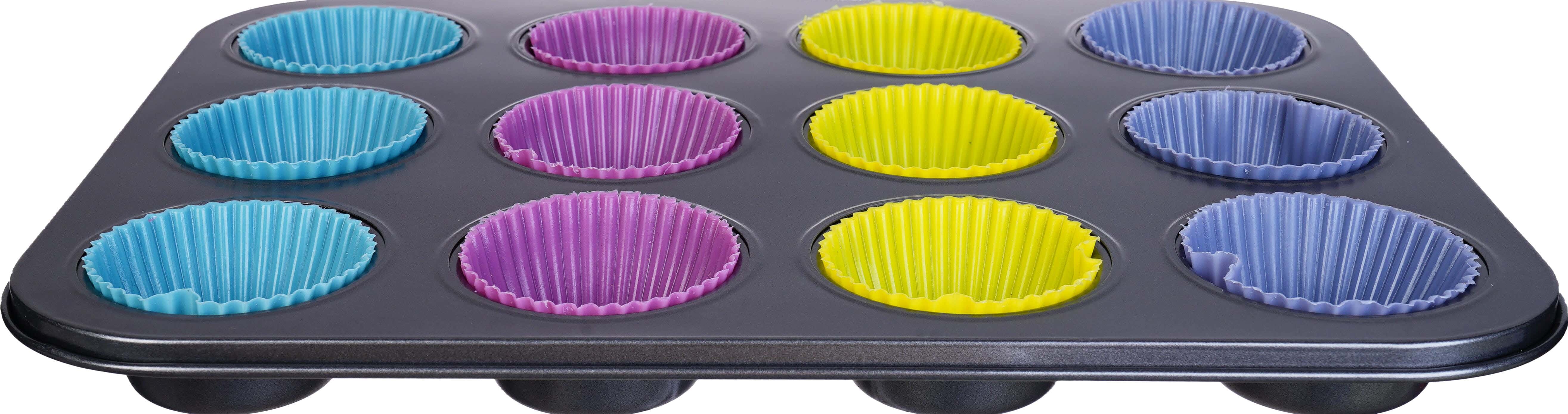 Falmer Teflon Cupcake Mold Set, 12 Eyes, with 12 Silicone Pieces - Multicolor