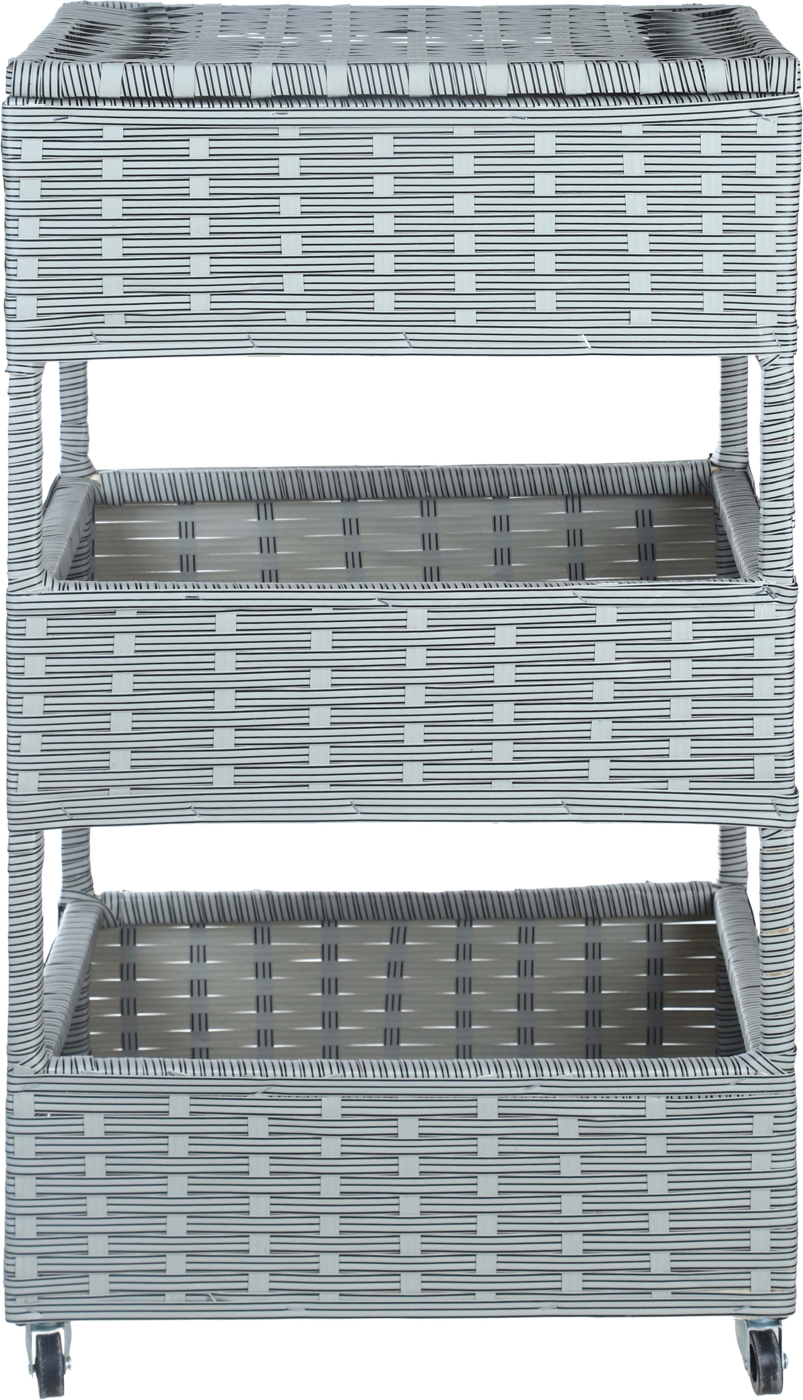 Rattan Trolley With Lid, Wood Frame, 3 Levels, 70×45×37 cm - Grey Black