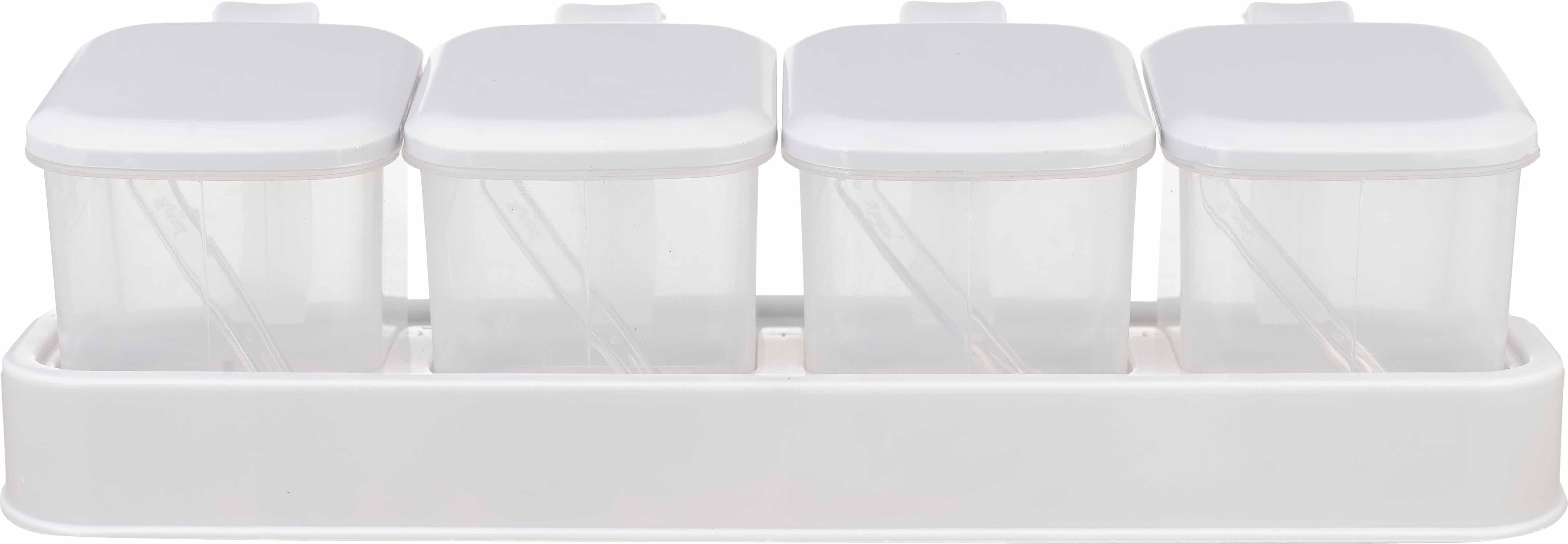 Winner plast Plastic Spice Jar Set with Base and Spoon, 4 Pieces, 250 ml - Clear Light Grey