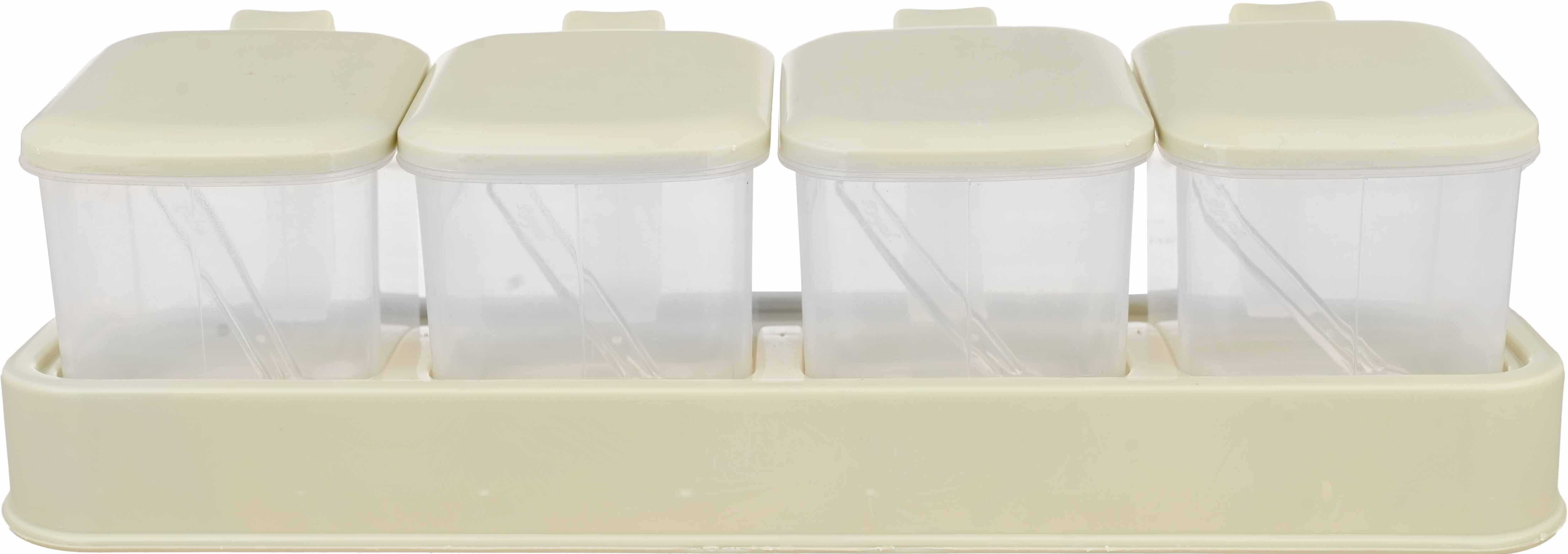 Winner plast Plastic Spice Jar Set with Base and Spoon, 4 Pieces, 250 ml - Clear Olive