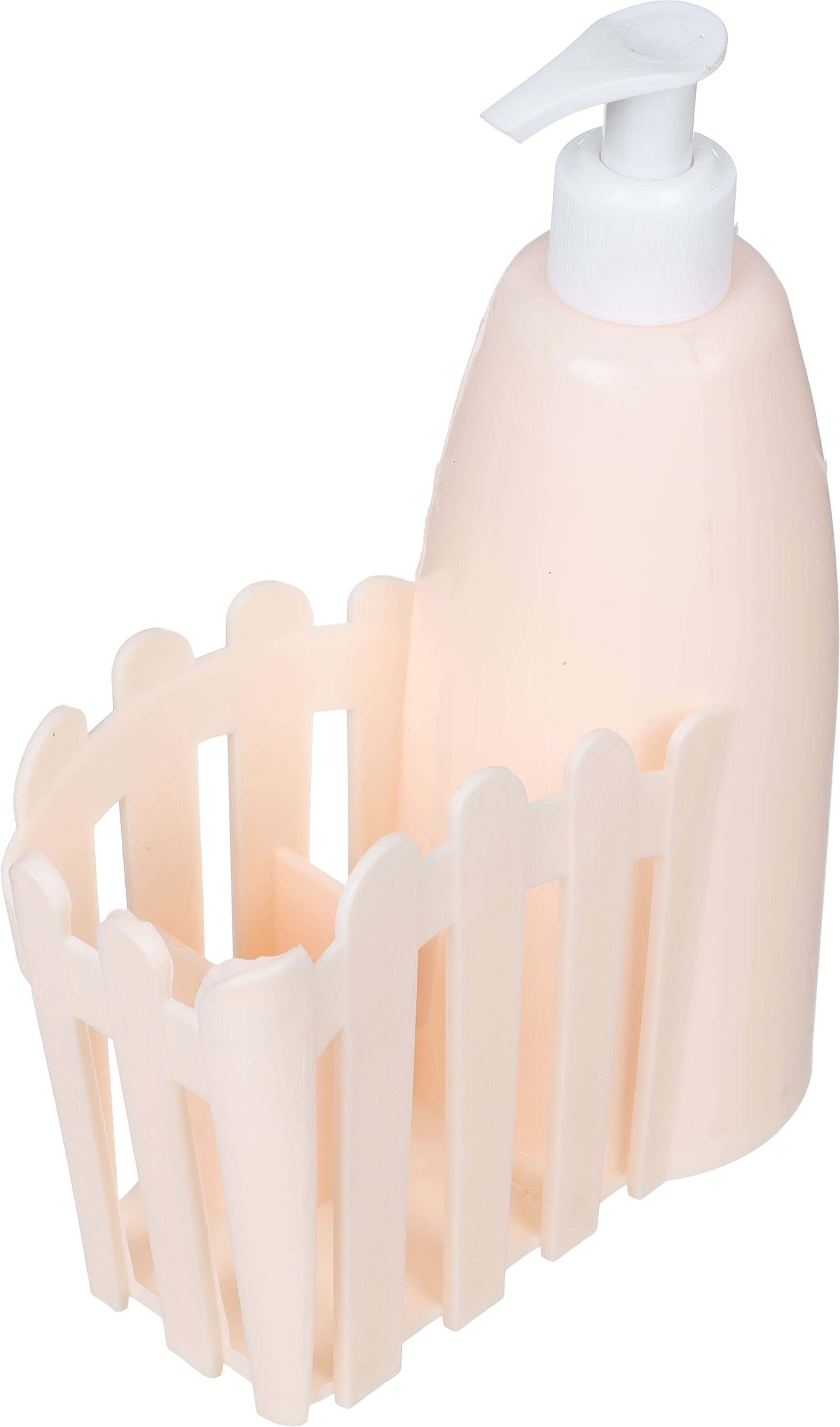 Winner Plast Plastic Liquid Soap Pump, 15 cm, with Cleaning Sponge and Stand - Light Beige Yellow