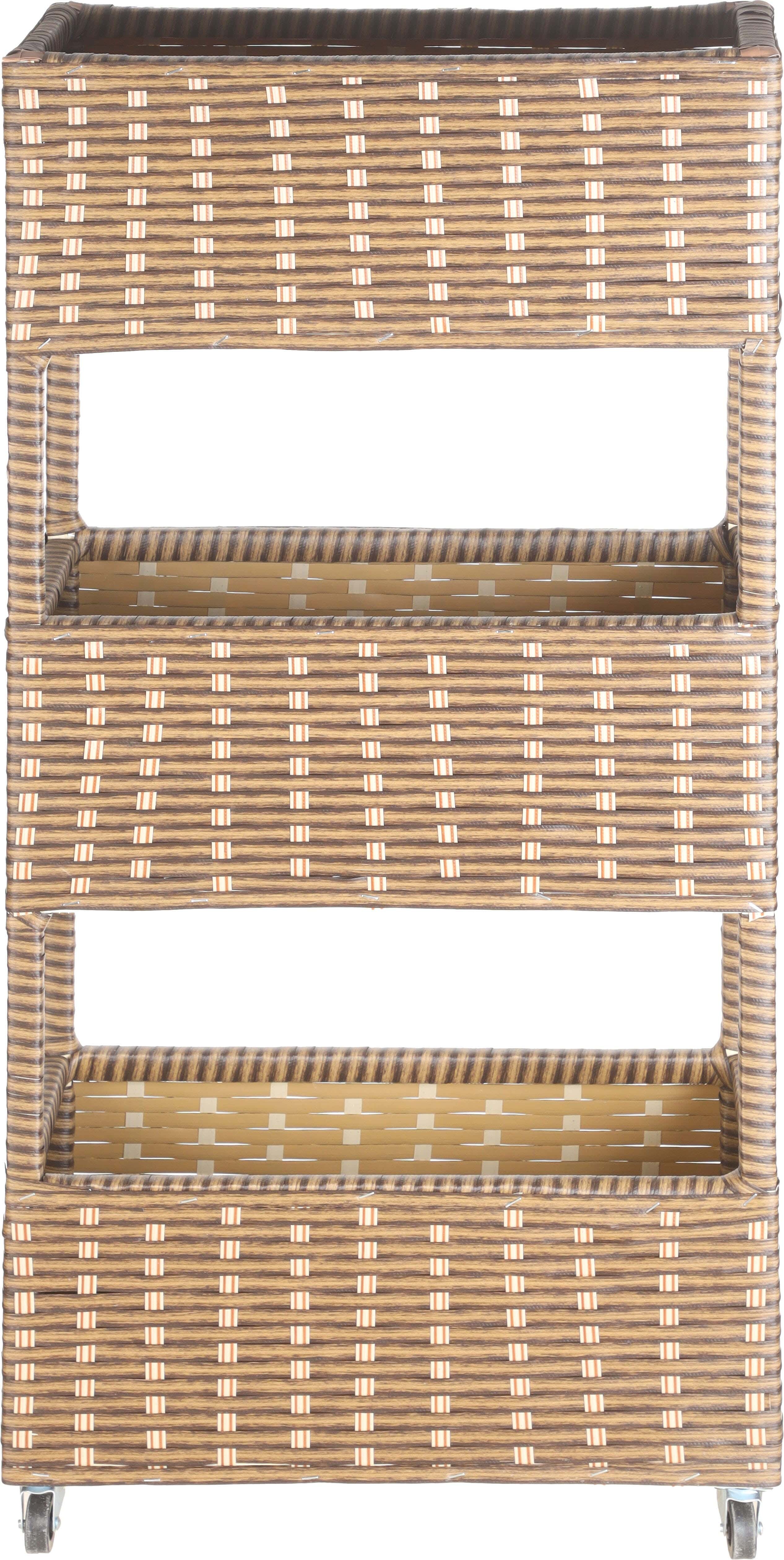 Rectangular Wheeled Rattan Trolly, Wooden Chassis, 3 Levels, 108×50×25 cm - Brown Beige