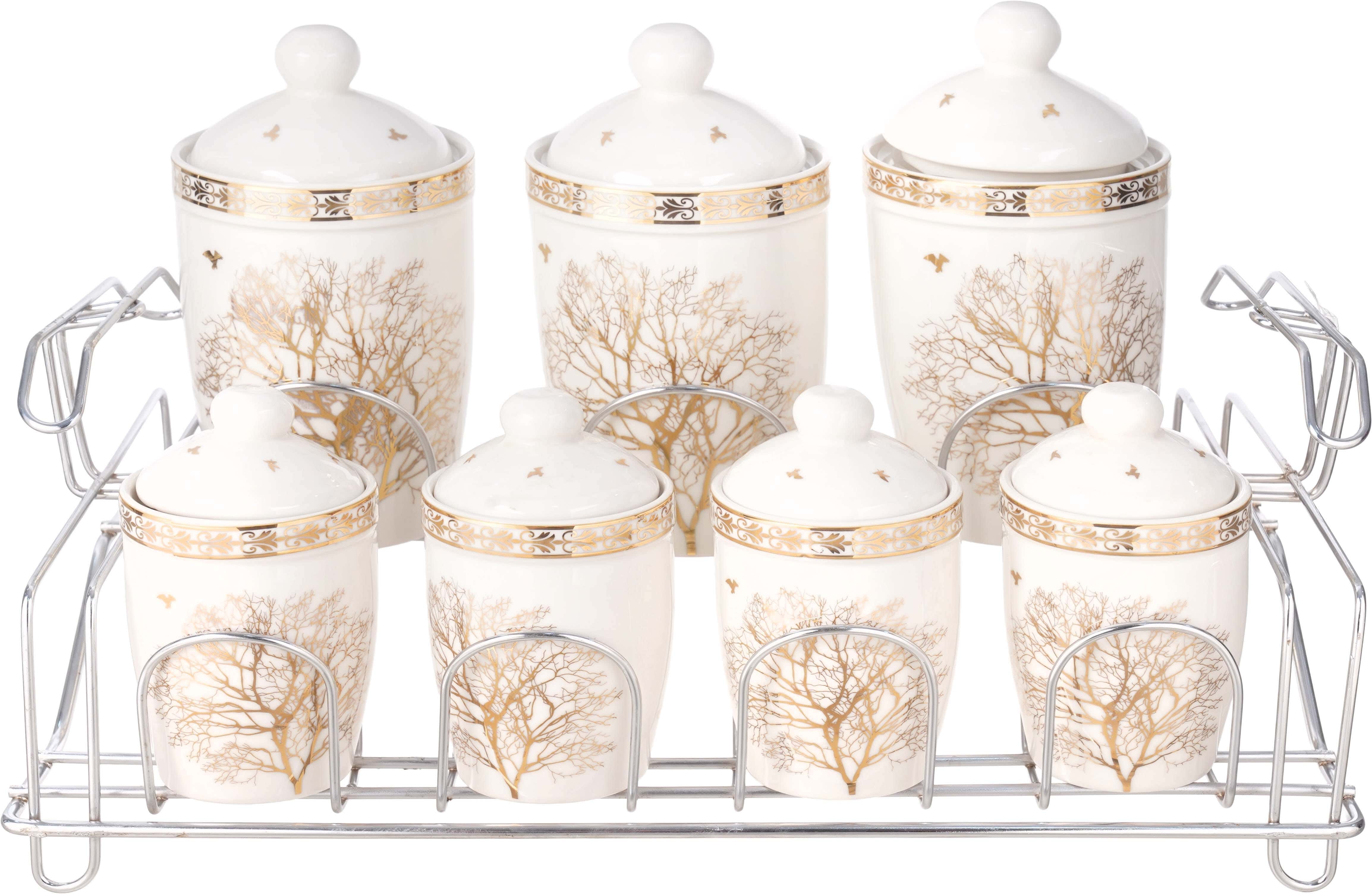 Lotus Porcelain Spice Set, 7 Pieces, with Metal Stand - White Gold