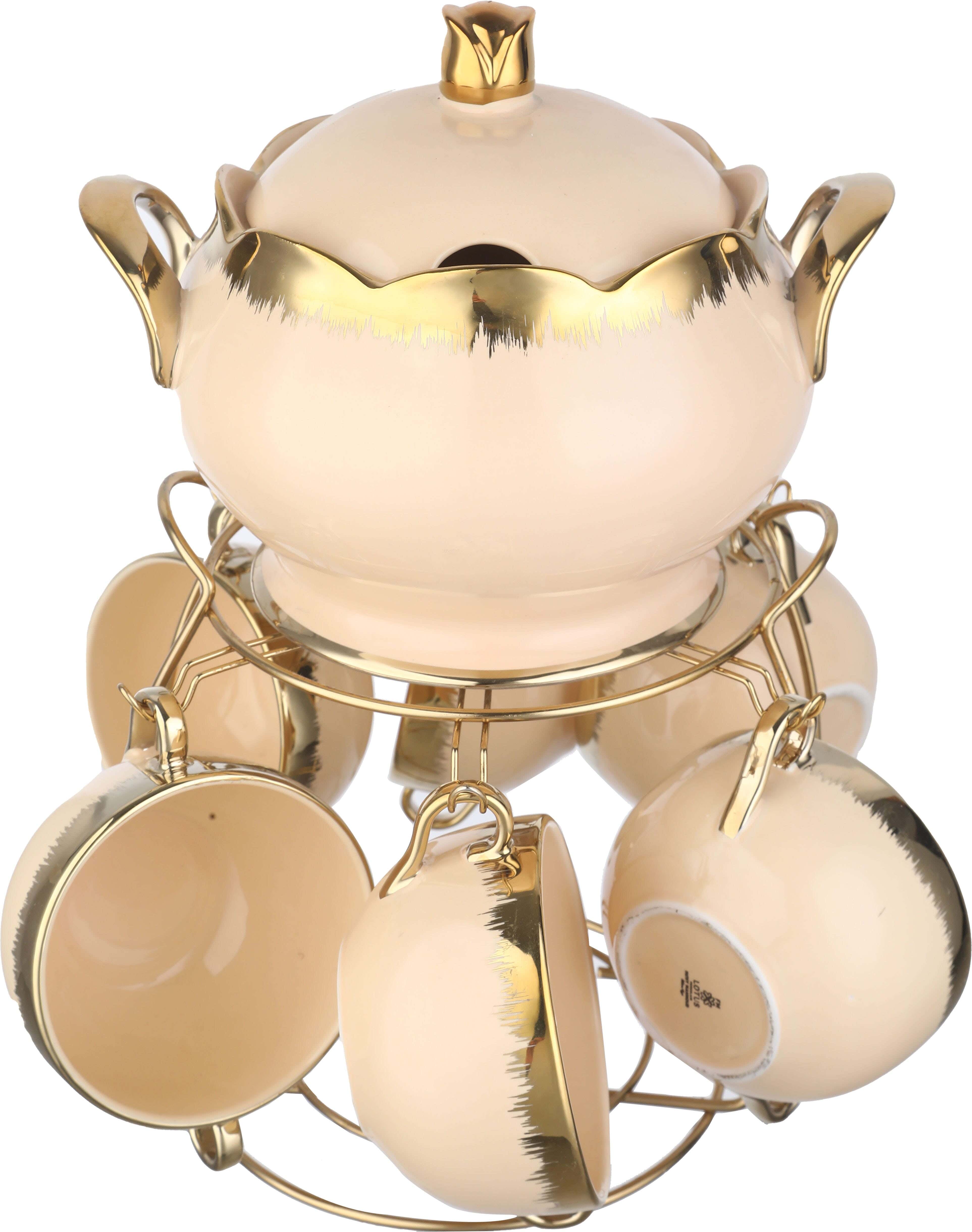 Lotus Porcelain Soup Bowl Set, 8 Pieces, with Stand - Beige Gold