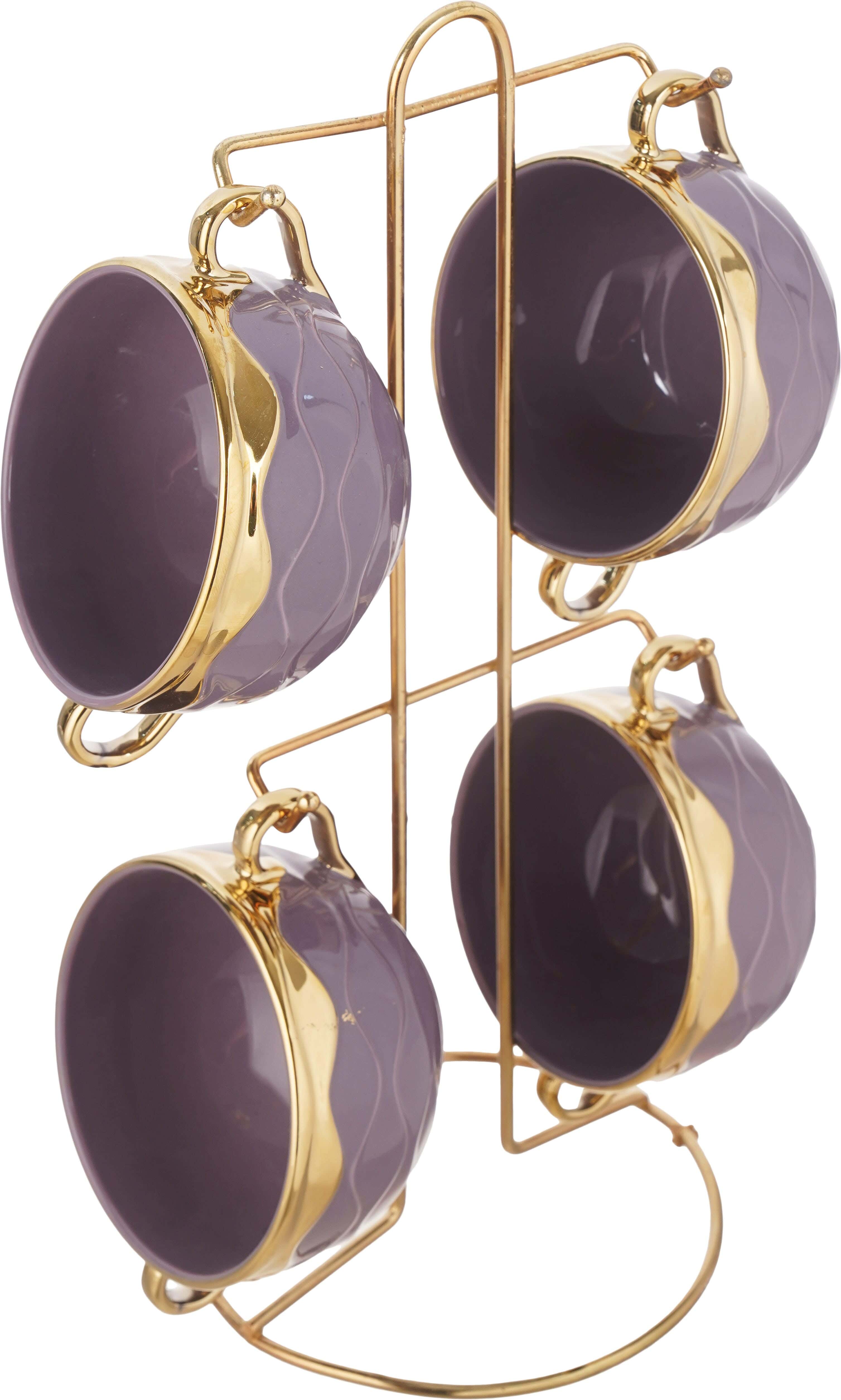 Lotus Porcelain Soup Bowl Set, 4 Pieces, with Stand - Mauve Gold