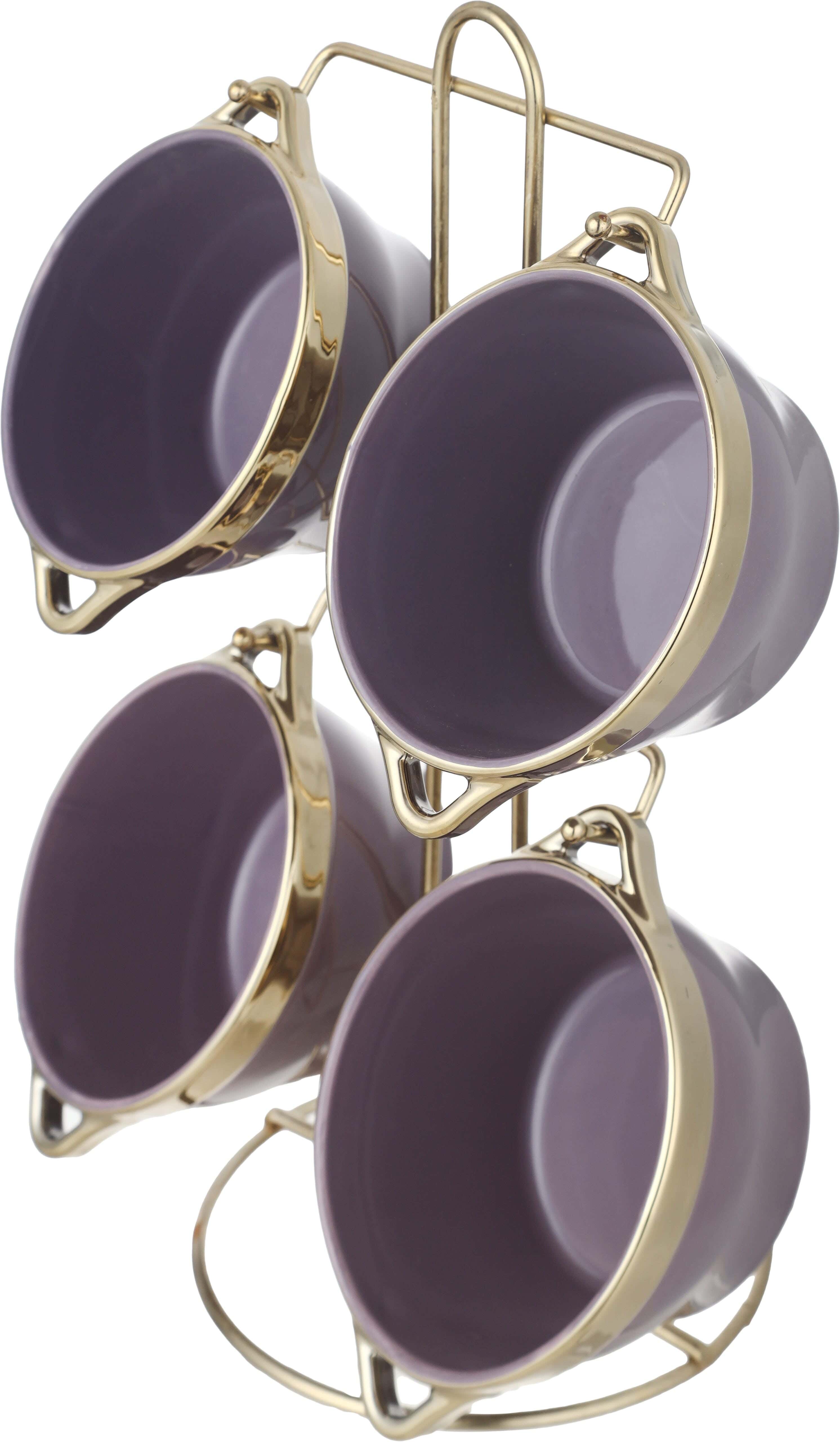 Lotus Porcelain Soup Bowl Set, 4 Pieces, 500 ml, with Metal Stand - Mauve Gold