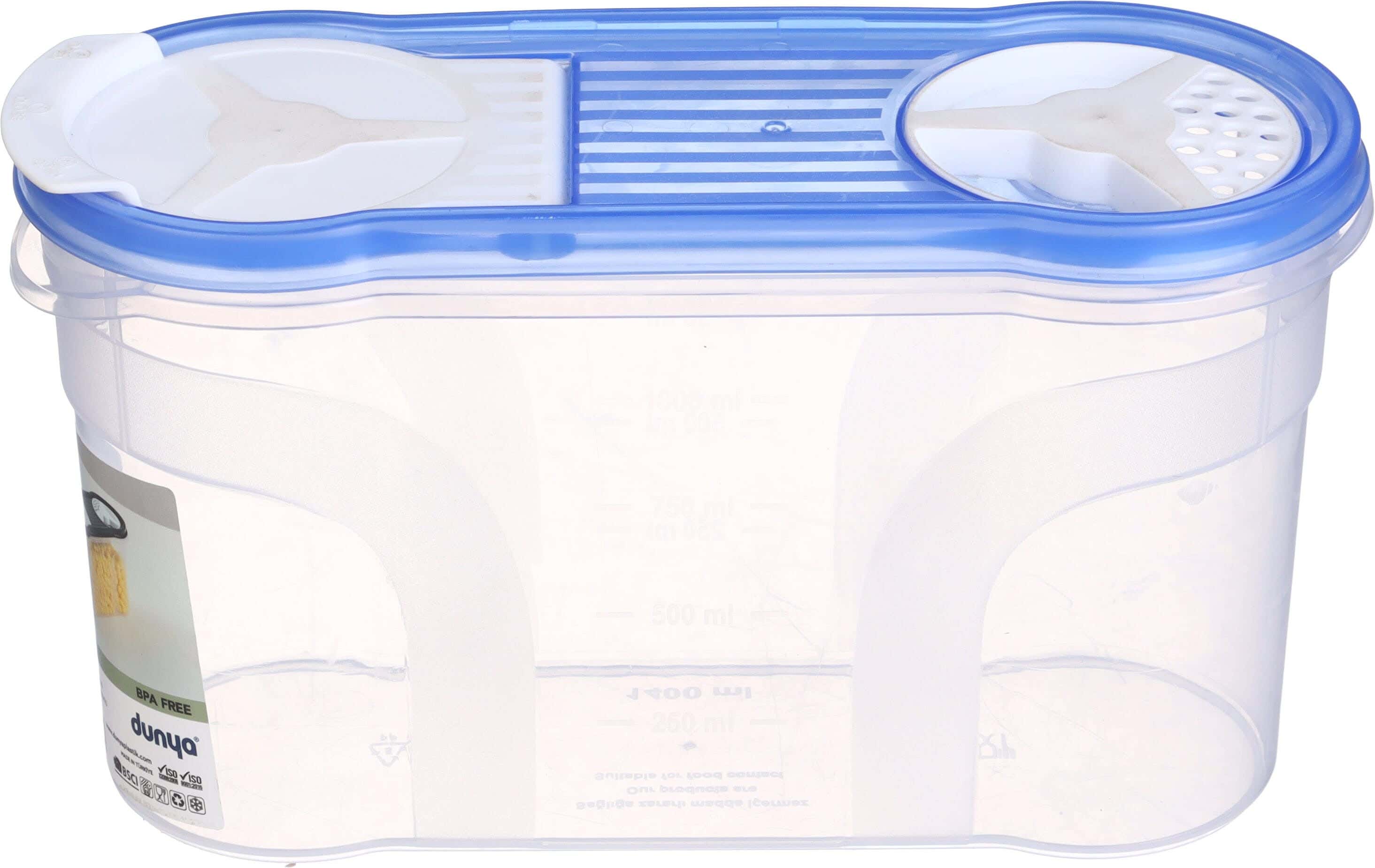 Dunya Plastic Grain Storage Container, 1400 ml, 2 Spout Openings - Clear Blue