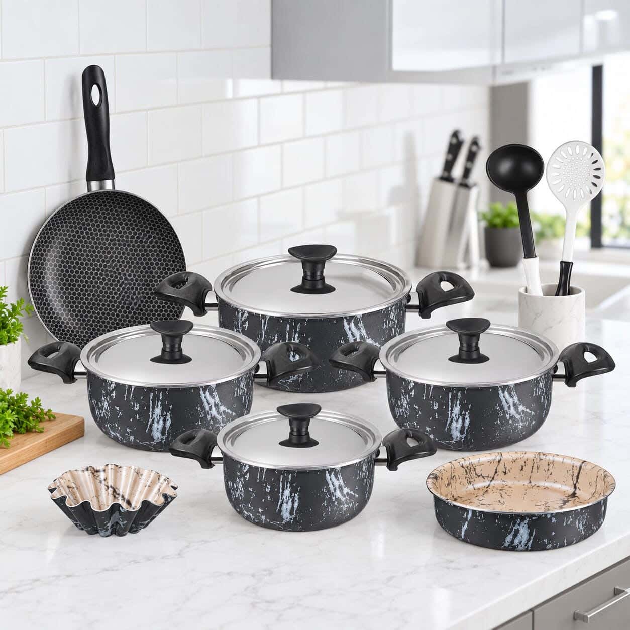 Grandi Cook Marble Granite Pots set, 11 piece, stainless steel lid, with a free 2-piece serving set - Grey