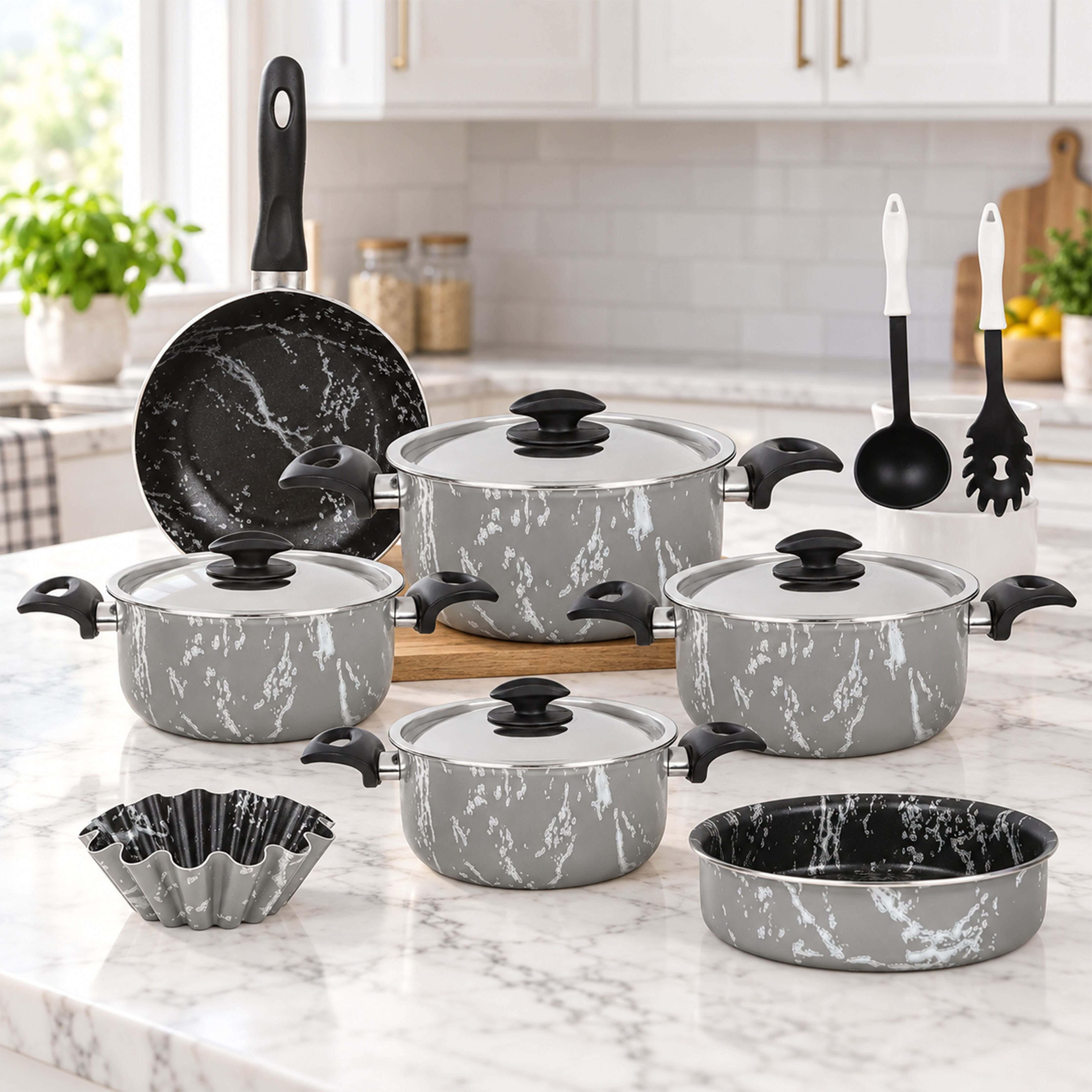 Grandi Cook Granite Pots set, 11 piece, stainless steel lid, with a free 2-piece serving set - Grey