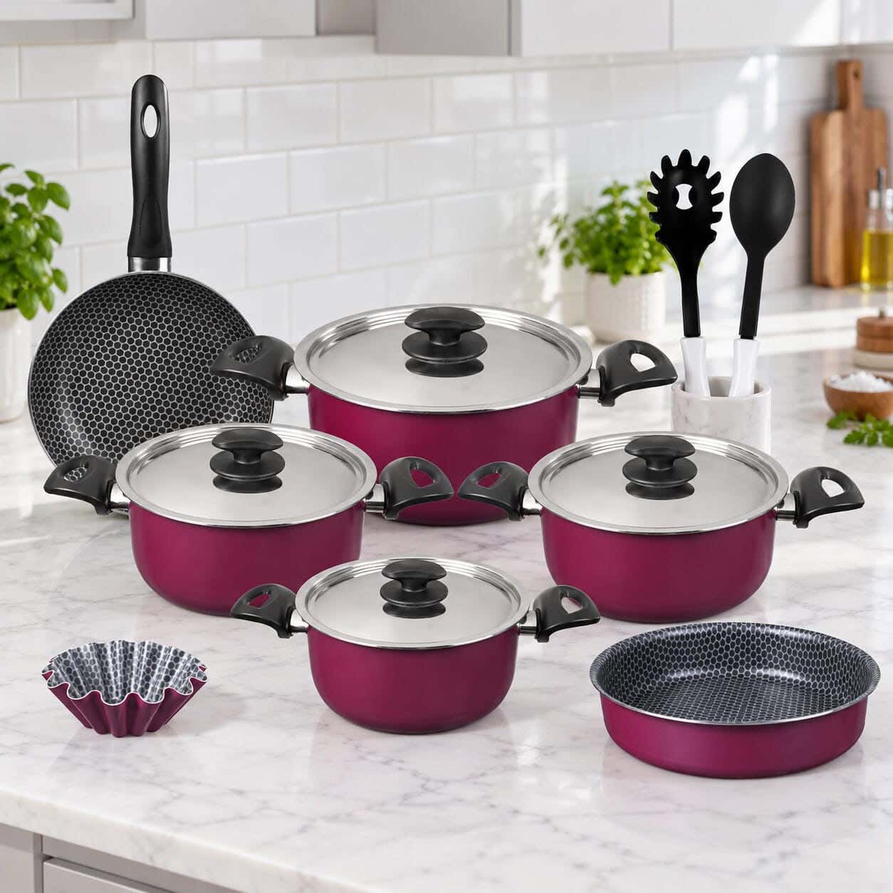 Grandi Cook Marble Granite Pots set, 11 piece, stainless steel lid, with a free 2-piece serving set - Mauve