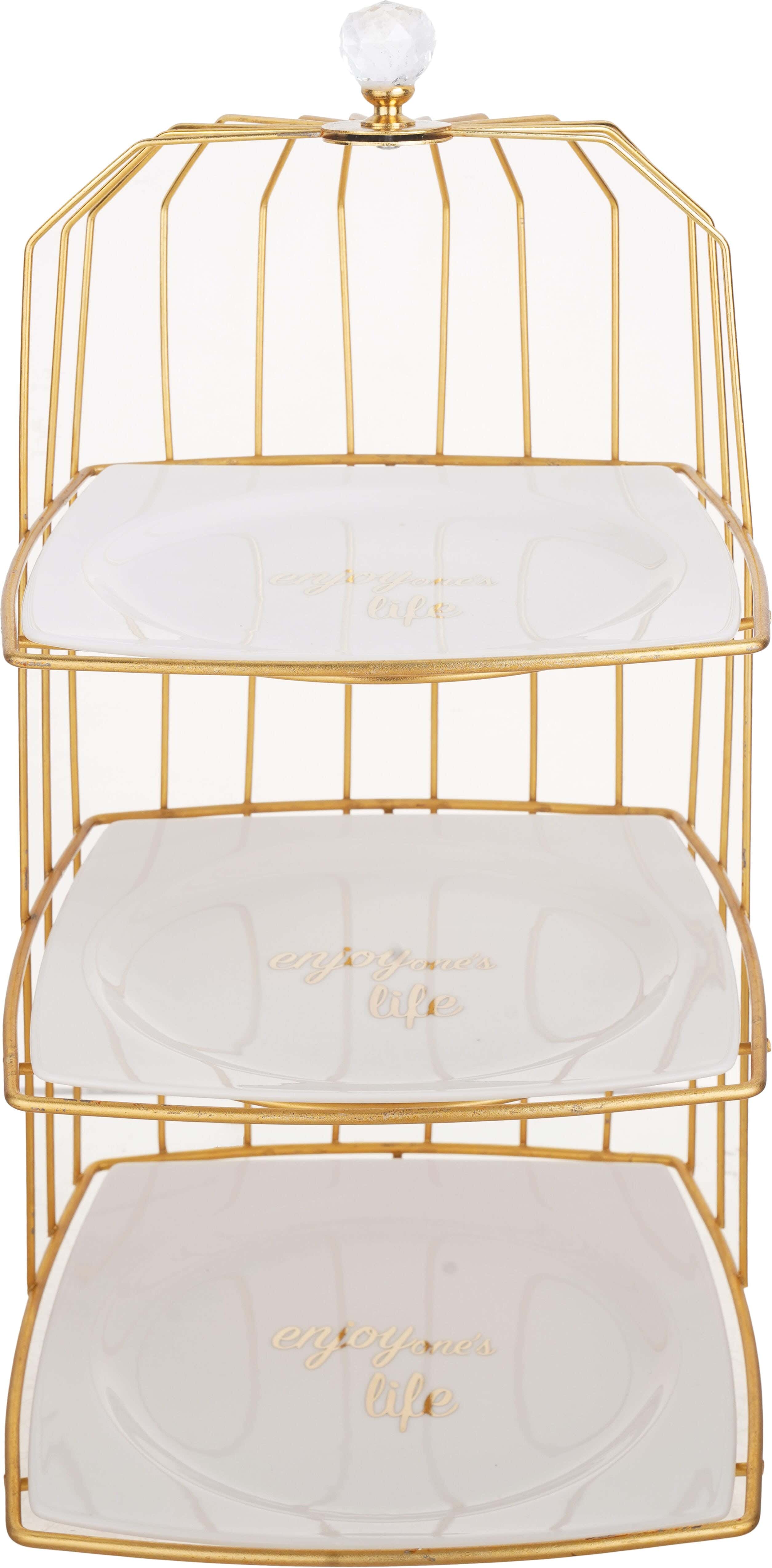 Porcelain Lotus Square Dessert Stand, 3 Layers, 21 cm - White Gold