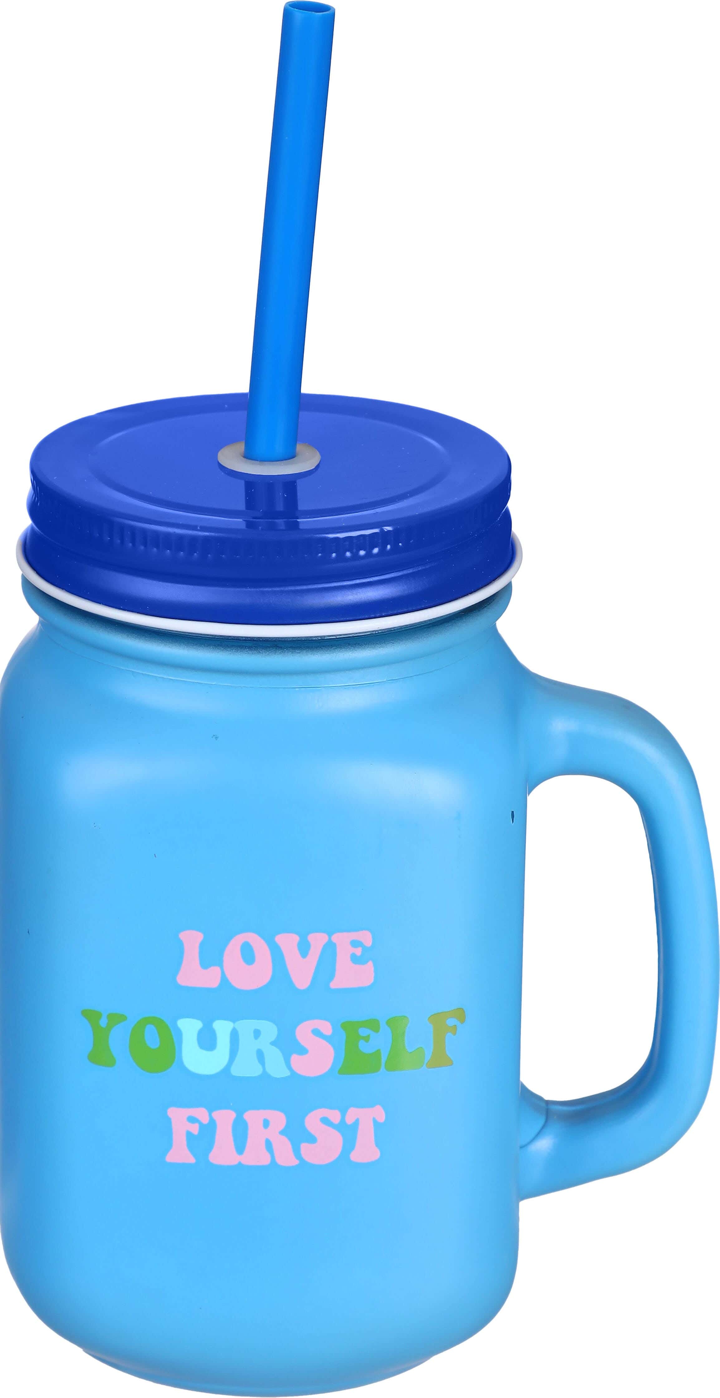 Glass Mug with Shalimoh, Metal Lid, 500 ml - Light Blue