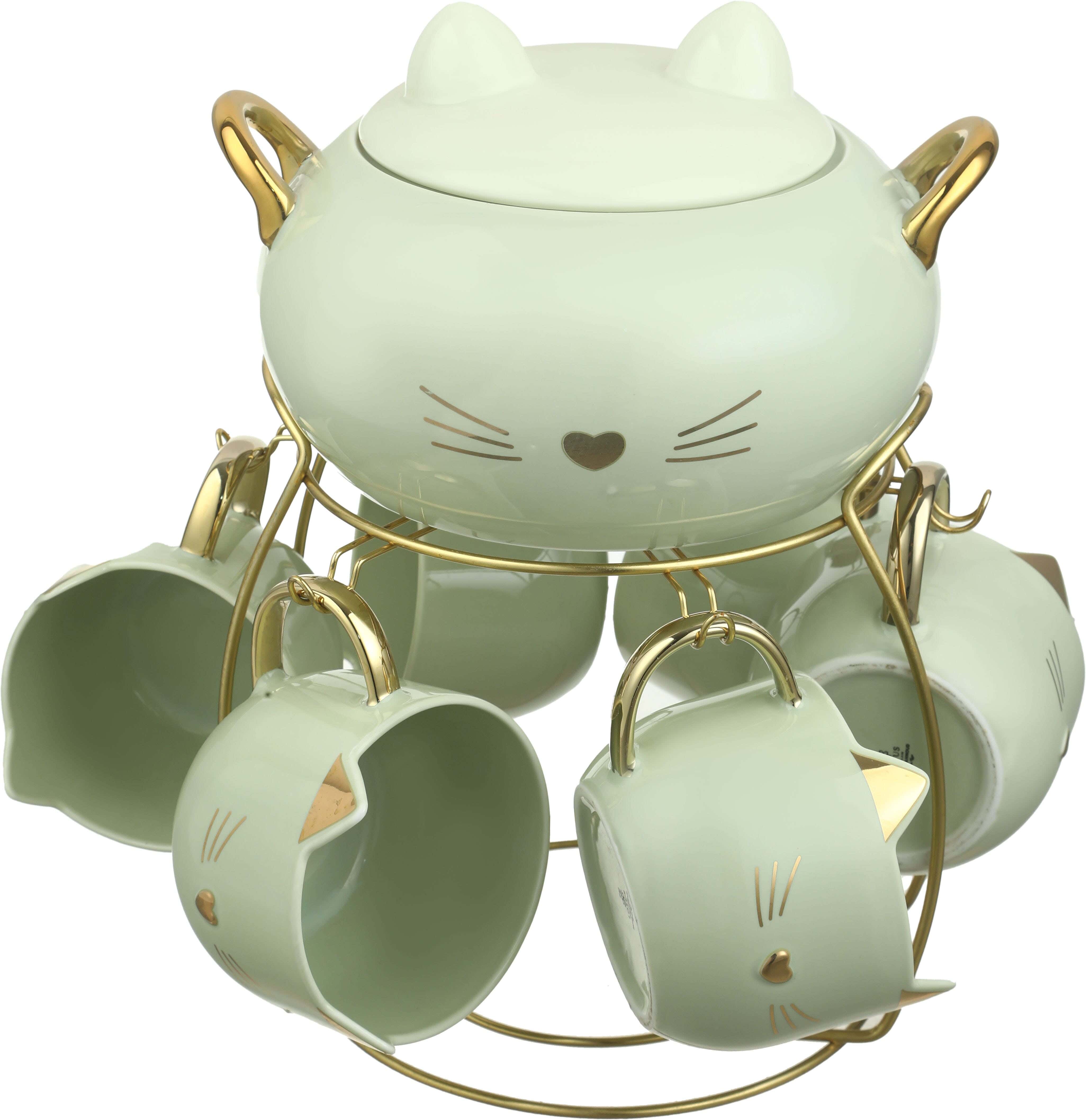 Lotus Porcelain Bowl Set, 8 Pieces, with Stand - Olive Gold