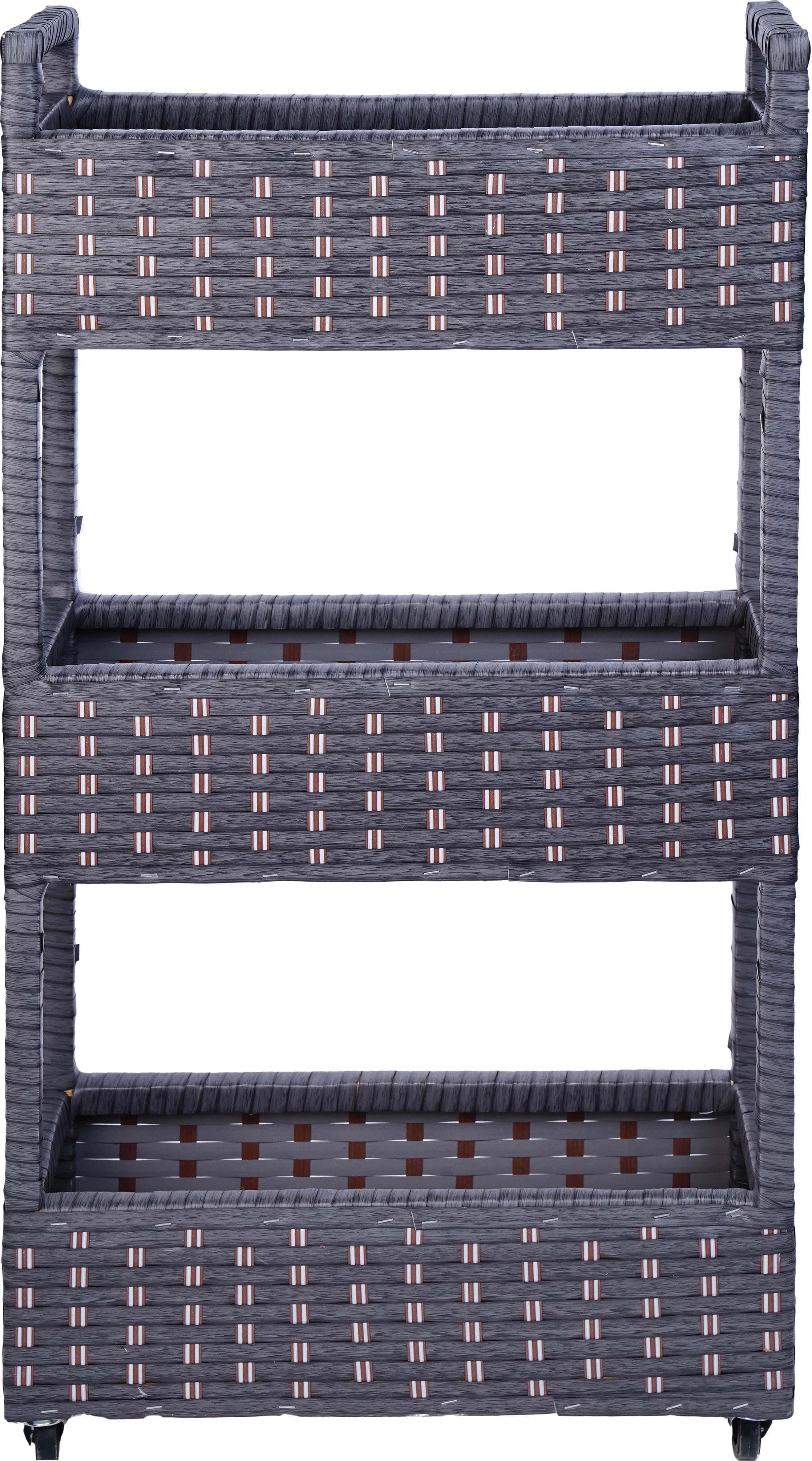 Rectangular Wheeled Rattan Trolly, 3 Levels, 93×51×18 cm - Grey Beige