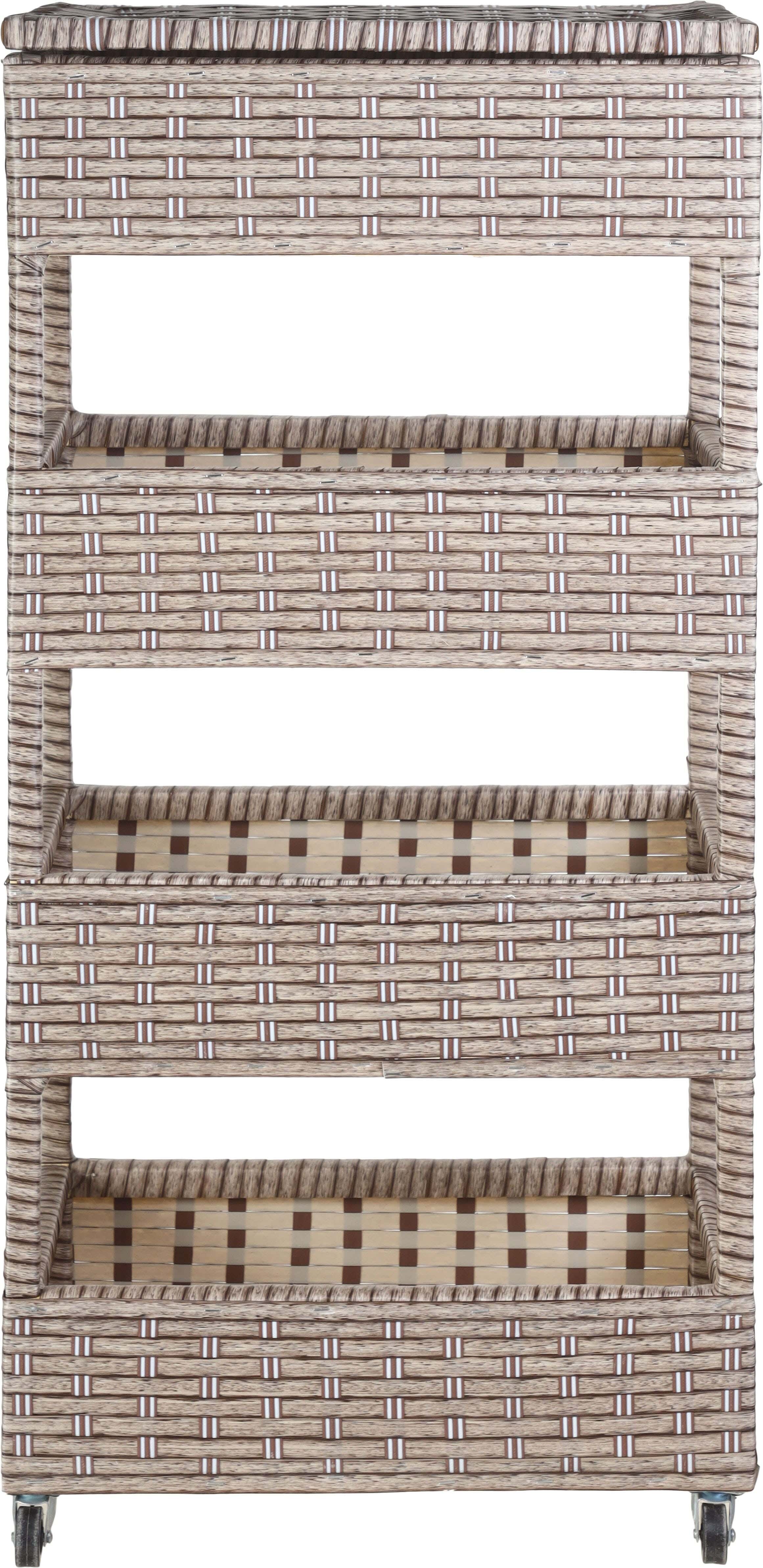 Rectangular Rattan Trolley with Cover, 4 Layers, With Wheels, 102×47×29 cm - Brown Beige