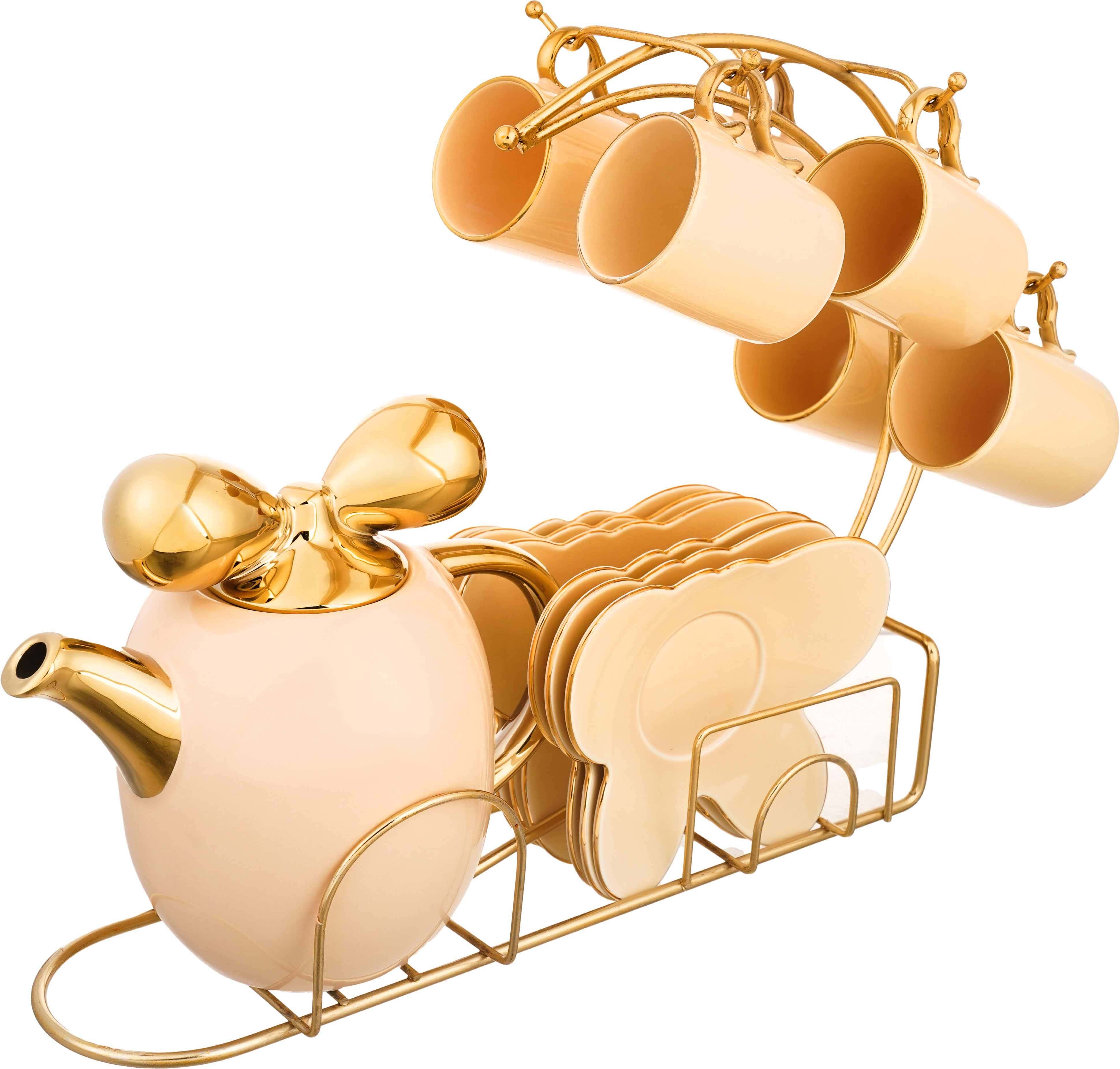 Lotus Porcelain Cocoa Set, 14 Pieces, with Metal Stand - Beige Gold