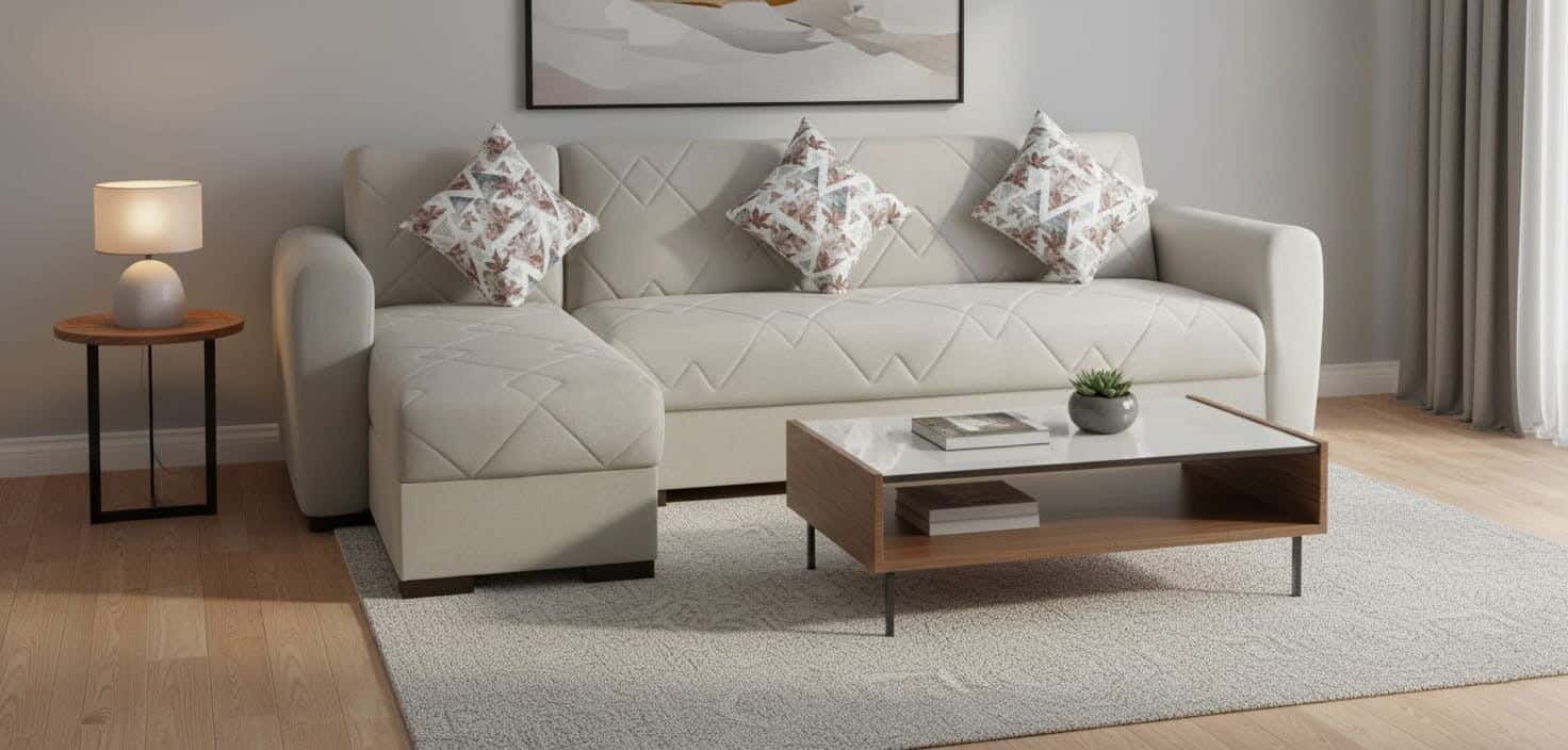 Moskey Wood L-Shape Corner Sofa Bed, Velvet Upholstery, 2 Pieces, 3 Pillows, 280x75x140 cm - Light Beige