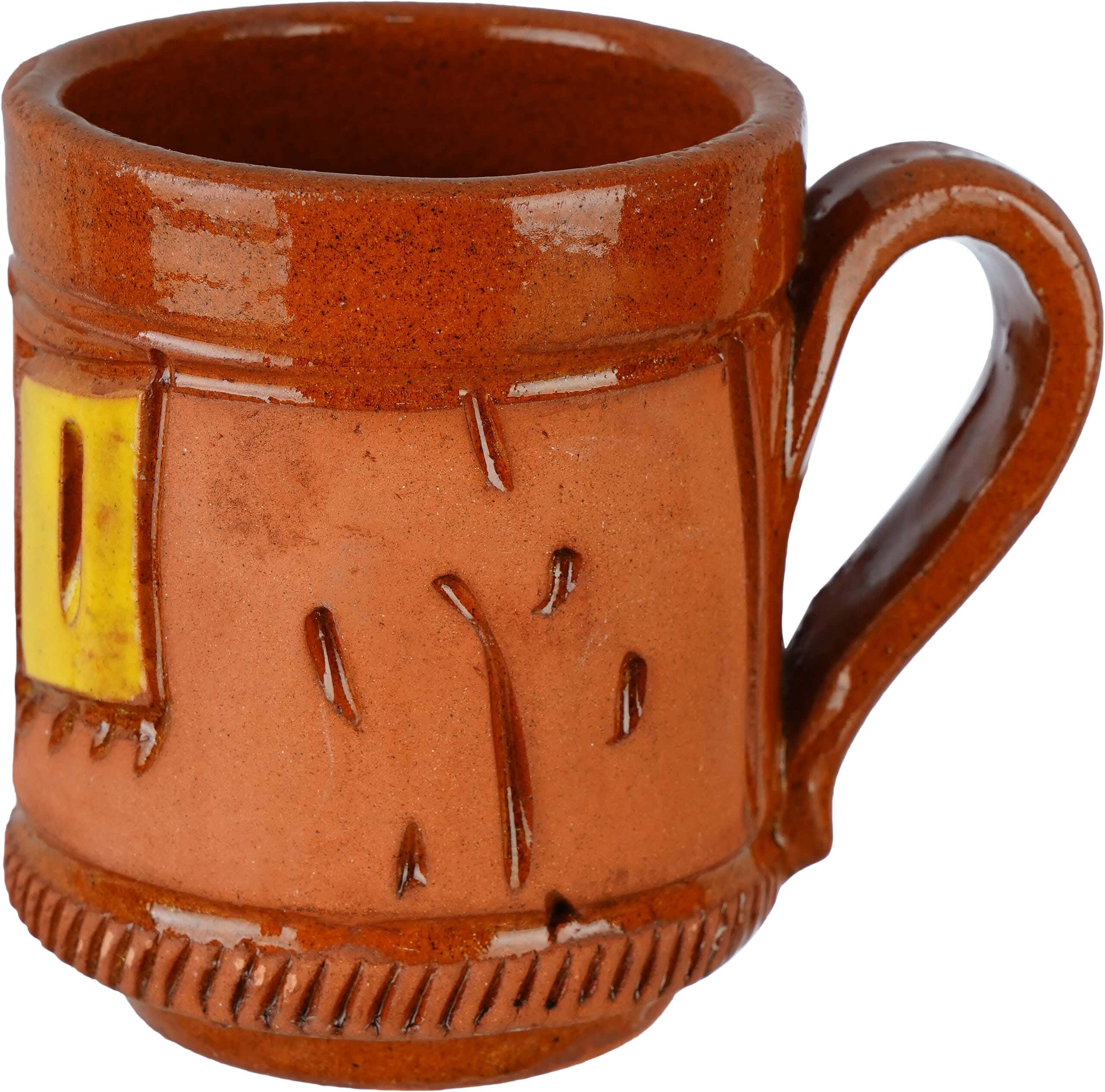 Pottery Mug Rustic Design, 7x9 cm - Brown Yellow