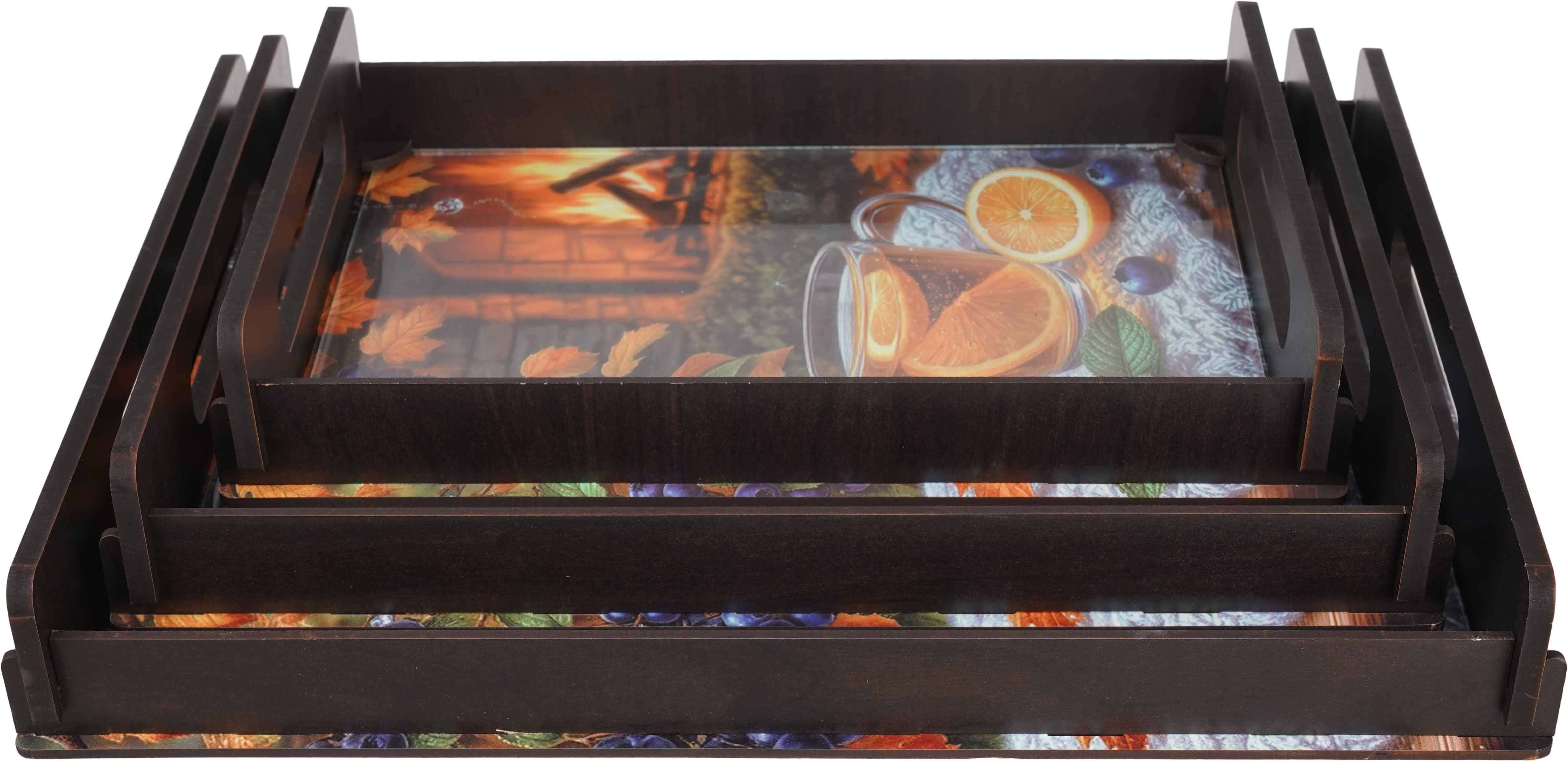 Wood Serving Trays Set, with Glass Base, 3 Pieces - Multicolor