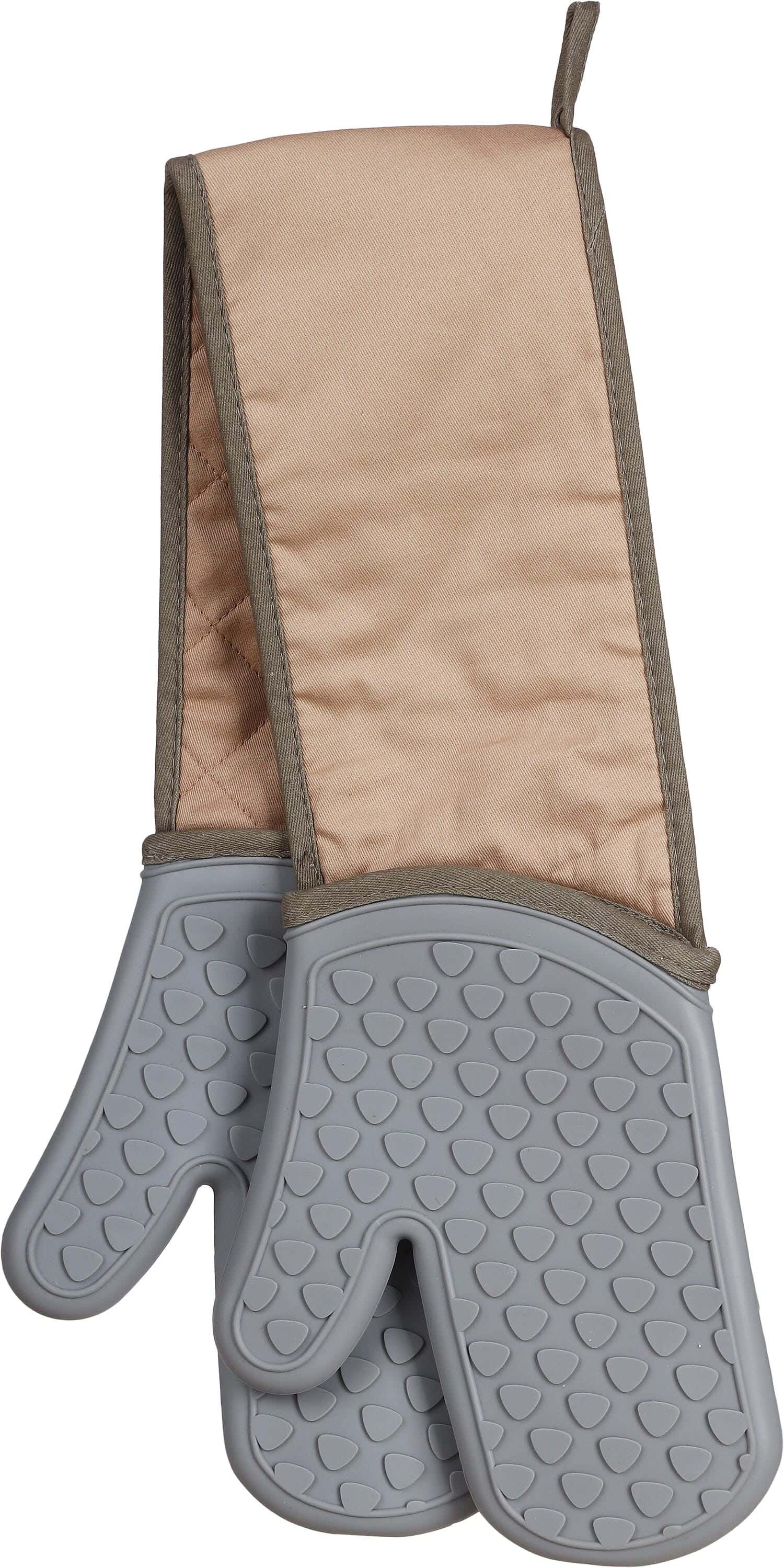 Silicone×Fabric Oven Gloves, 2 Pieces connected - Grey Light Brown