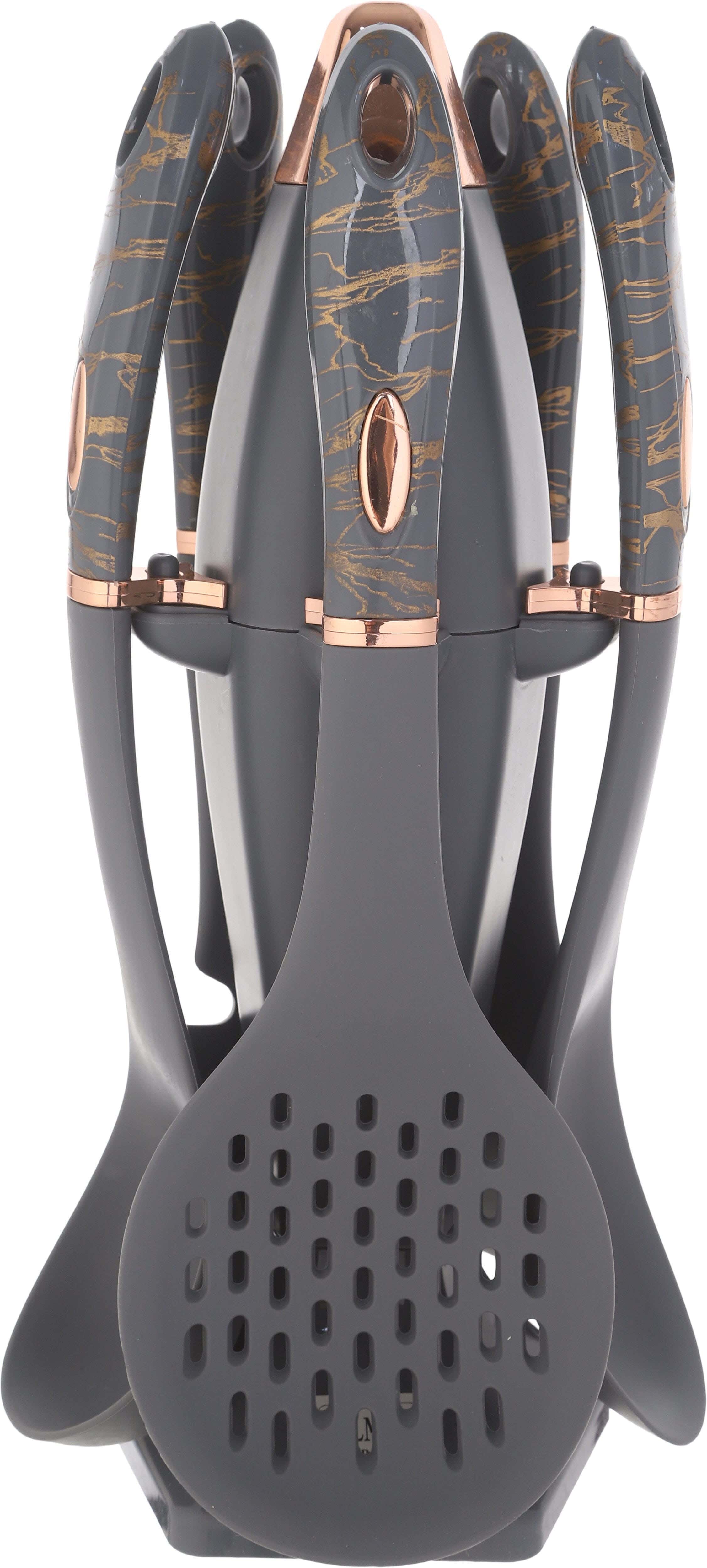 Falmer Silicone Serving Tool Set, with Plastic Handle, 5 Pieces, with Stand - Grey