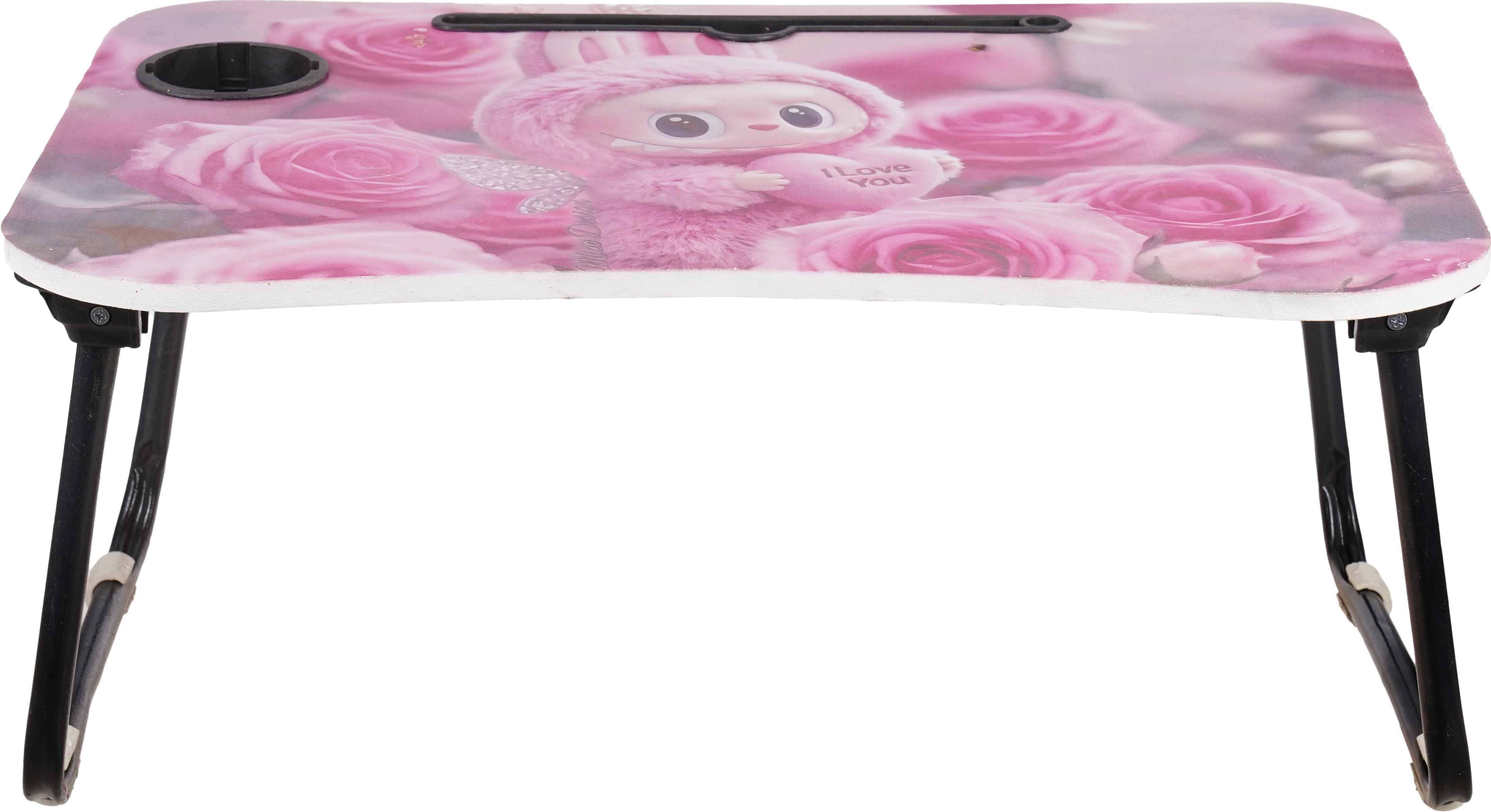 Alaalmia 3D Wood Laptop Table with Metal Legs, Easy to Fold, 60×40×28 cm - Pink