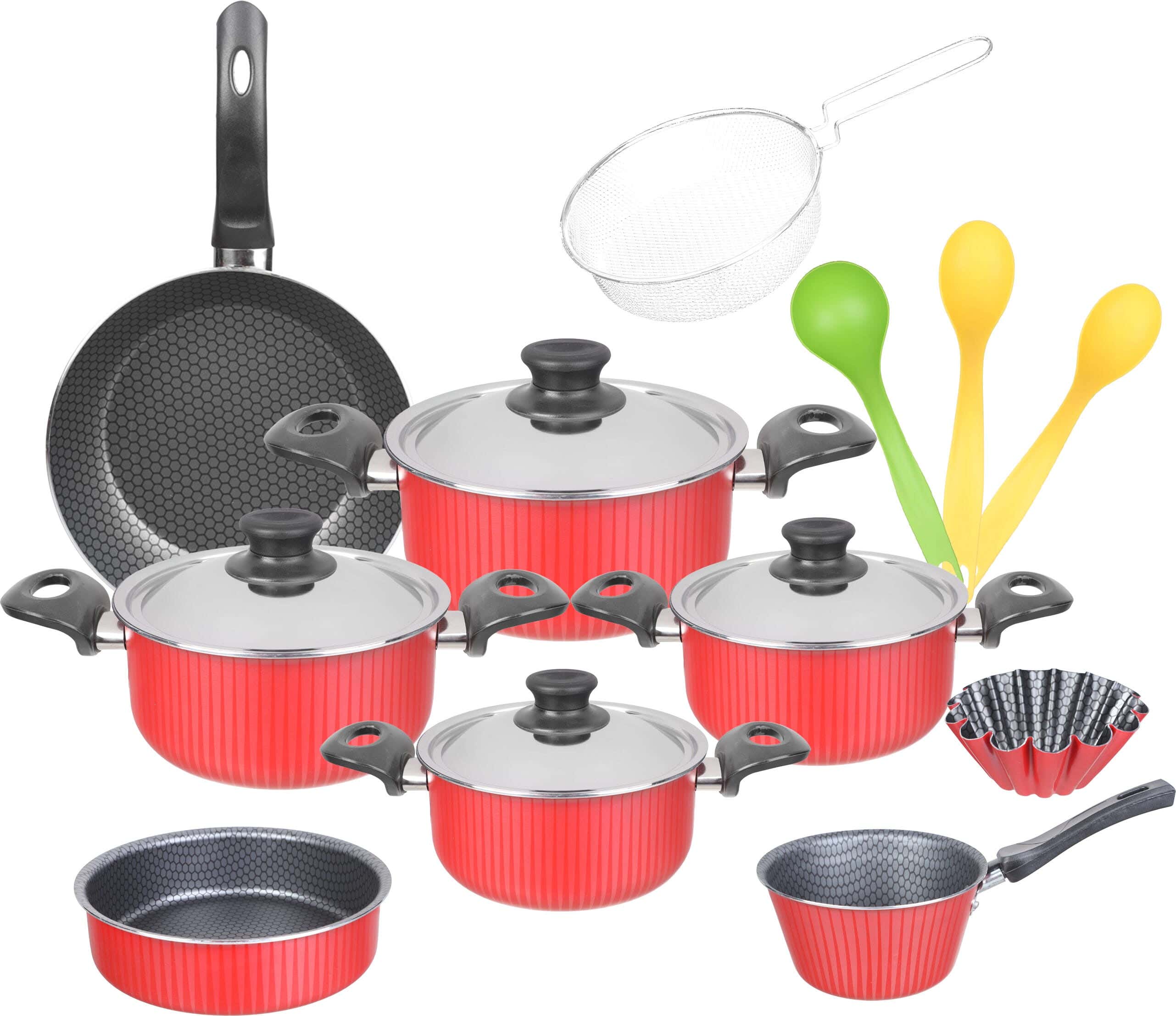 Trueval Teflon Pot Set, 16 Pieces - Red