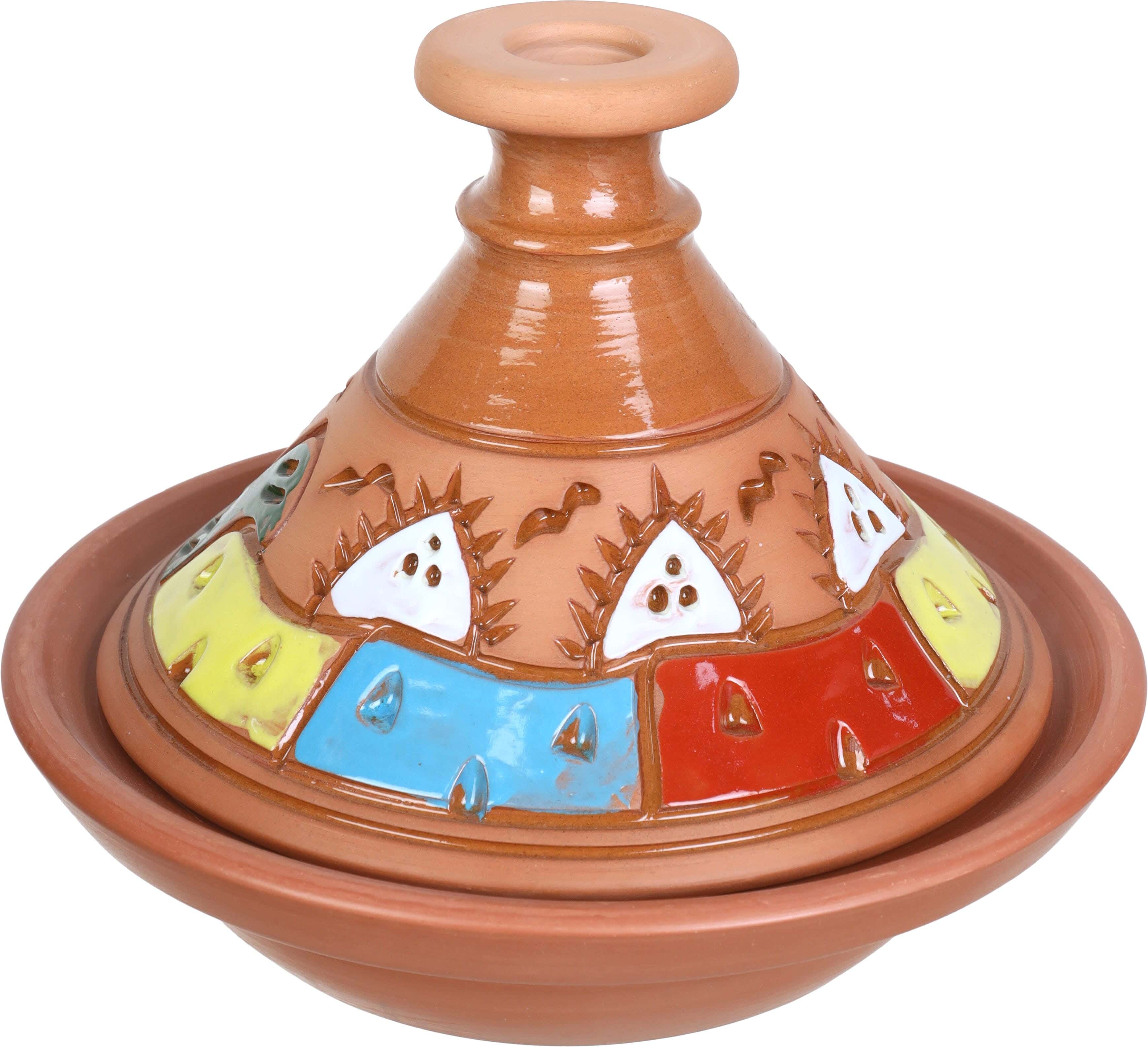 Pottery Moroccan Clay Tagine With Islamic Designs And Lid, 30 cm - Brown