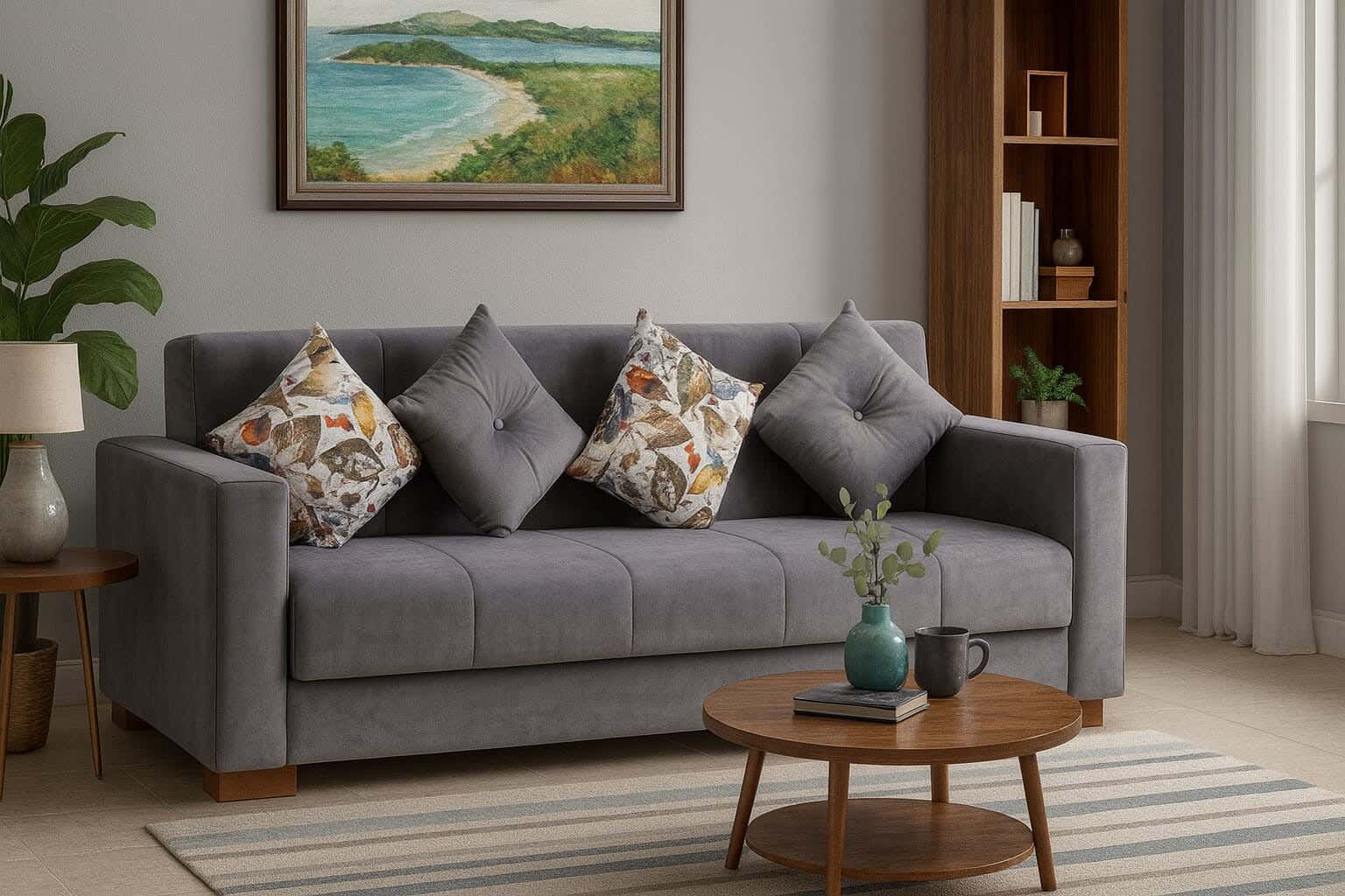 Aldora Layered Counter Sofa Bed, Velvet fabric, With 2 Armrests, Multi-Use, 3 Seats, 4 Cushions, 210×75×70 cm - Grey