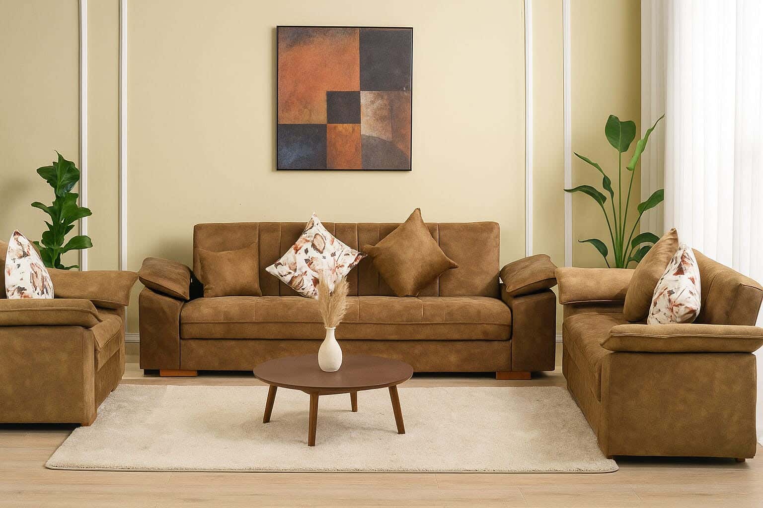 Aldora Julia Beech wood Sofa Set, Upturned Leather, 3 Pieces, 2 Sofas, Chair - Light Brown