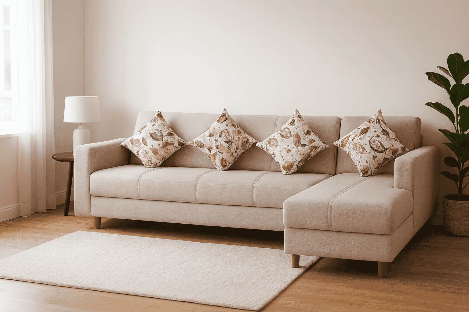 Aldora Sono L-Shape Sofa, Wood Layered Counter linen fabric, Multi-Use, 3-Seat Sofa, Chaise Longue, 4 Cushions, 280×80×70 cm - Beige