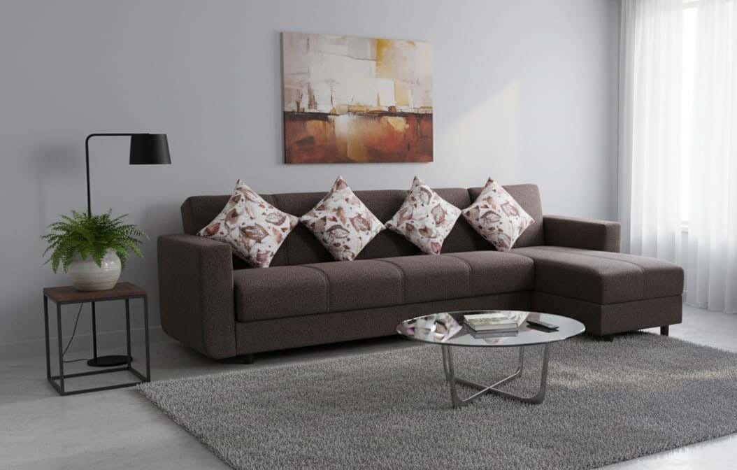 Aldora Sono L-Shape Sofa, Wood Layered Counter linen fabric, Multi-Use, 3-Seat Sofa, Chaise Longue, 4 Cushions, 280×80×70 cm - Brown