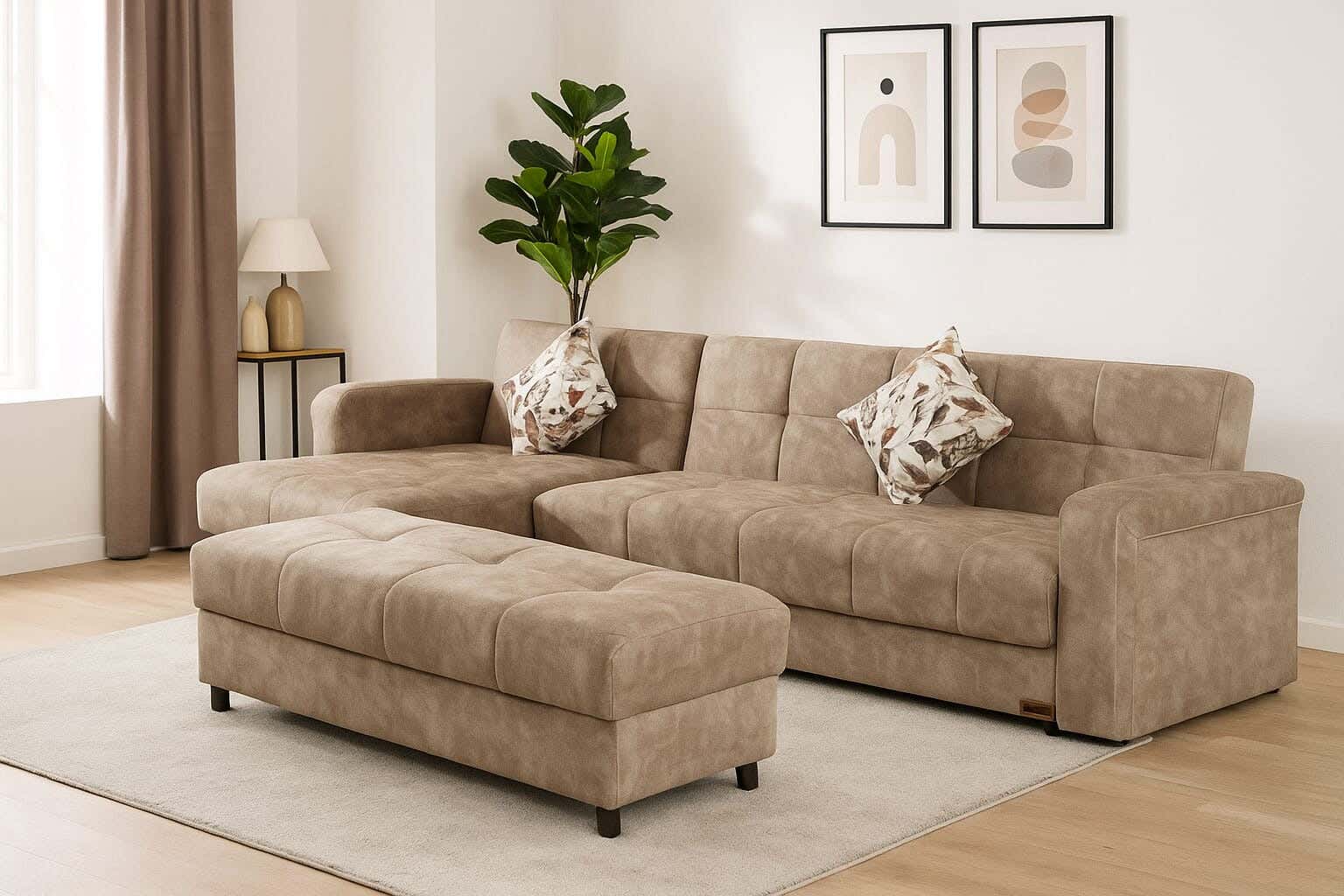 Aldora Rahway Multi Use Velvet Fabric and Counter Wood L-Shaped Corner Sofa Bed, Sofa 2 Seats, Chaise Longue, Puff, 2 Cushion, 245×85×78 cm - Beige