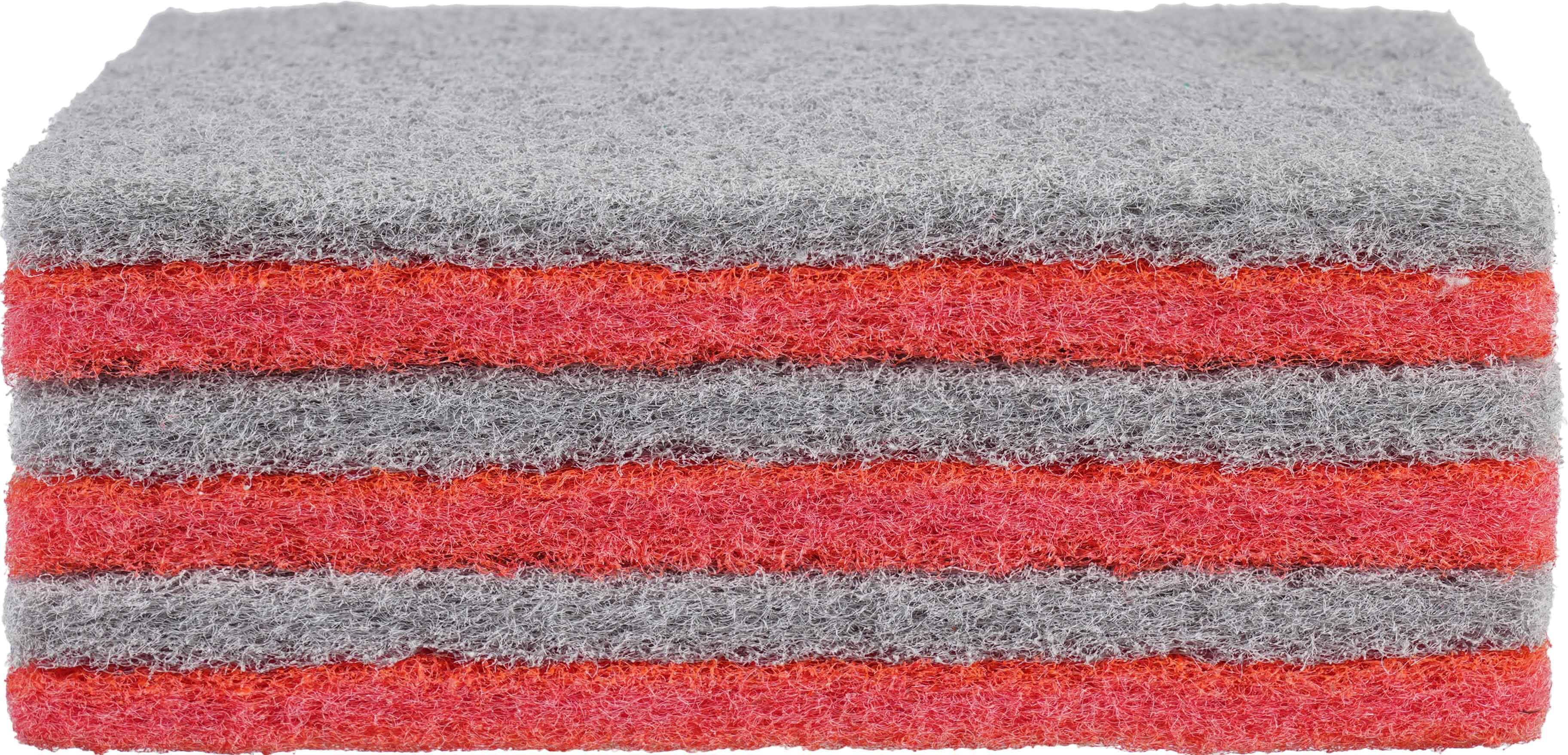 Liao Heavy-Duty Scouring Sponge Set, 6 Pieces, 15×10 cm – Red Grey