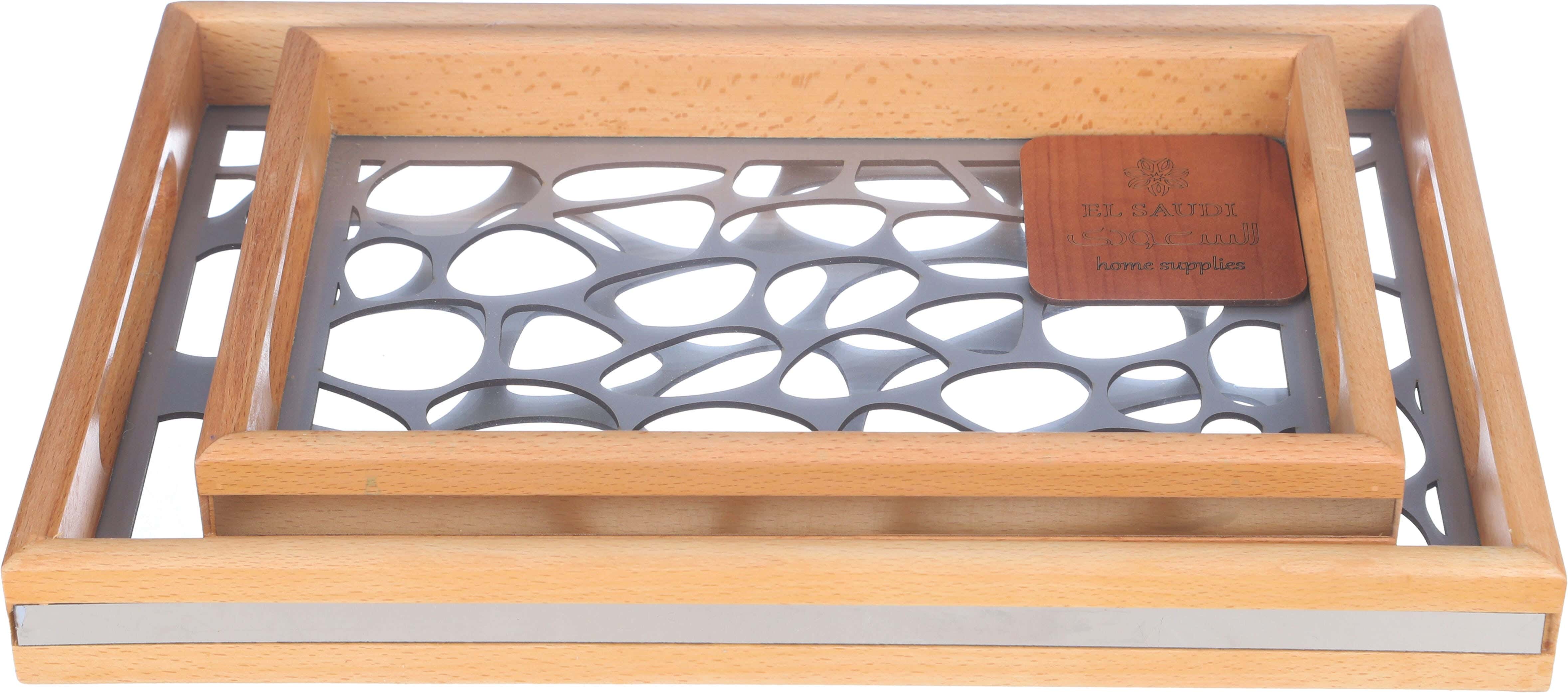 Elsaudi Rectangular Wood Serving Trays, 2 Pieces, Glass Base, With Coaster - Wooden Grey